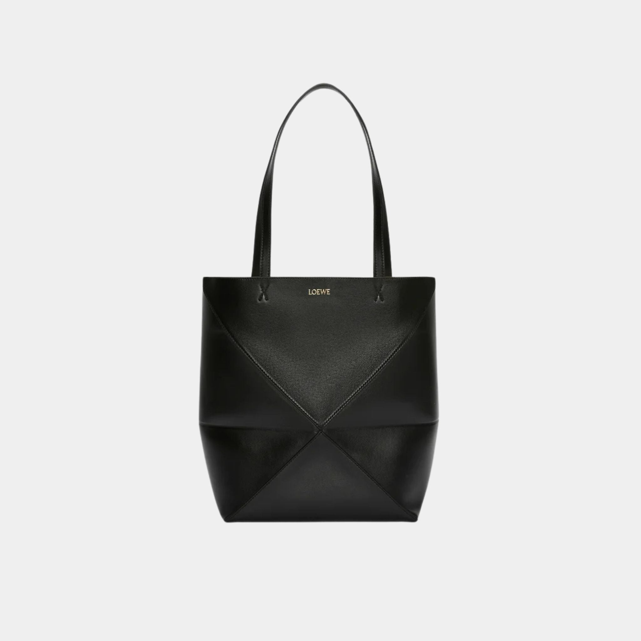 Loewe Medium Puzzle Fold Tote In Shiny Calfskin, Black, Front