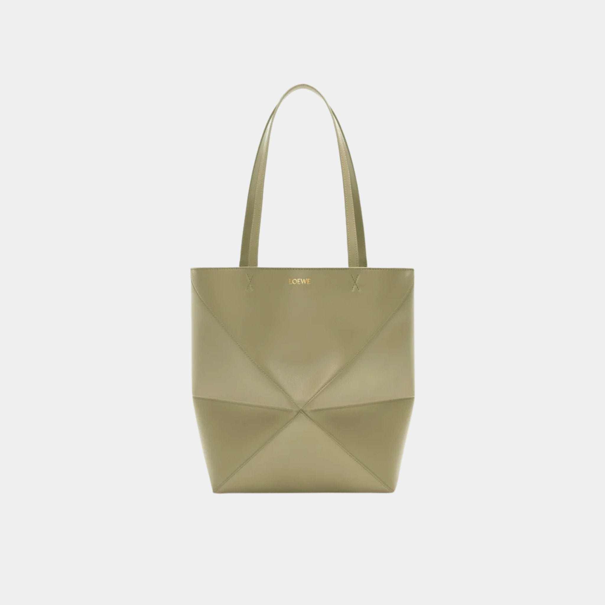 Loewe Medium Puzzle Fold Tote In Shiny Calfskin, Eucalyptus Green, Front