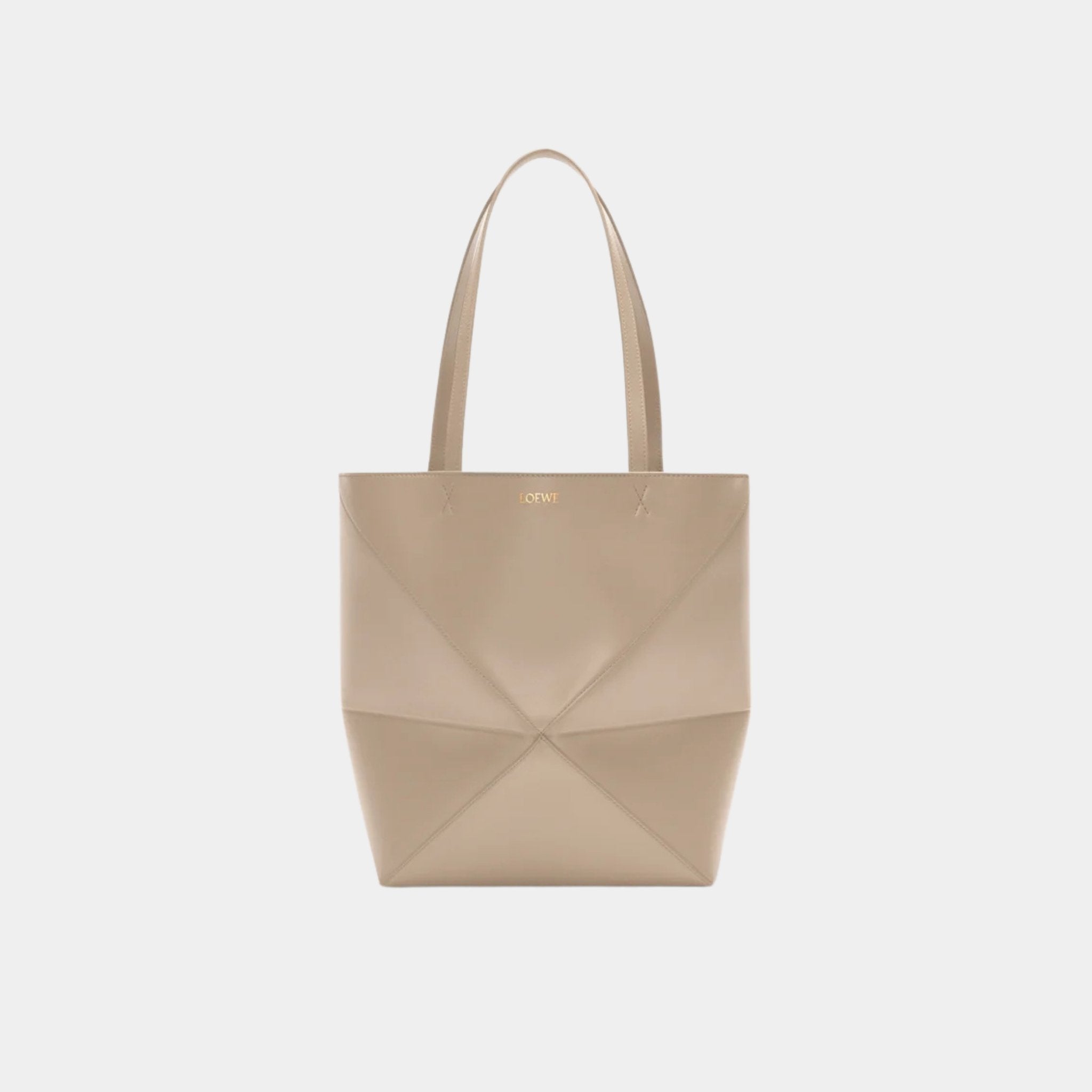 Loewe Medium Puzzle Fold Tote In Shiny Calfskin, Sand, Front