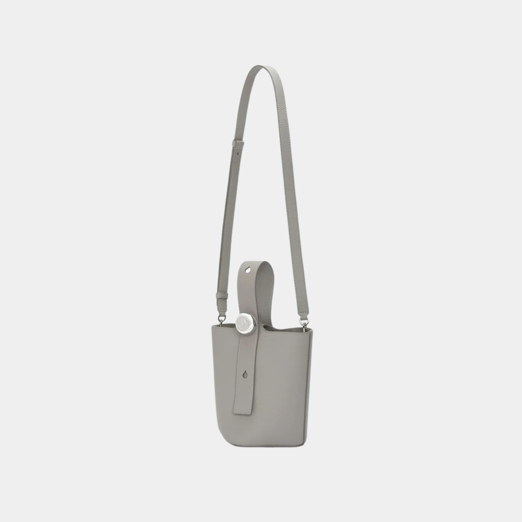 Loewe Mini Pebble Bucket Bag In Soft Grained Calfskin, Pearl Grey, Strap
