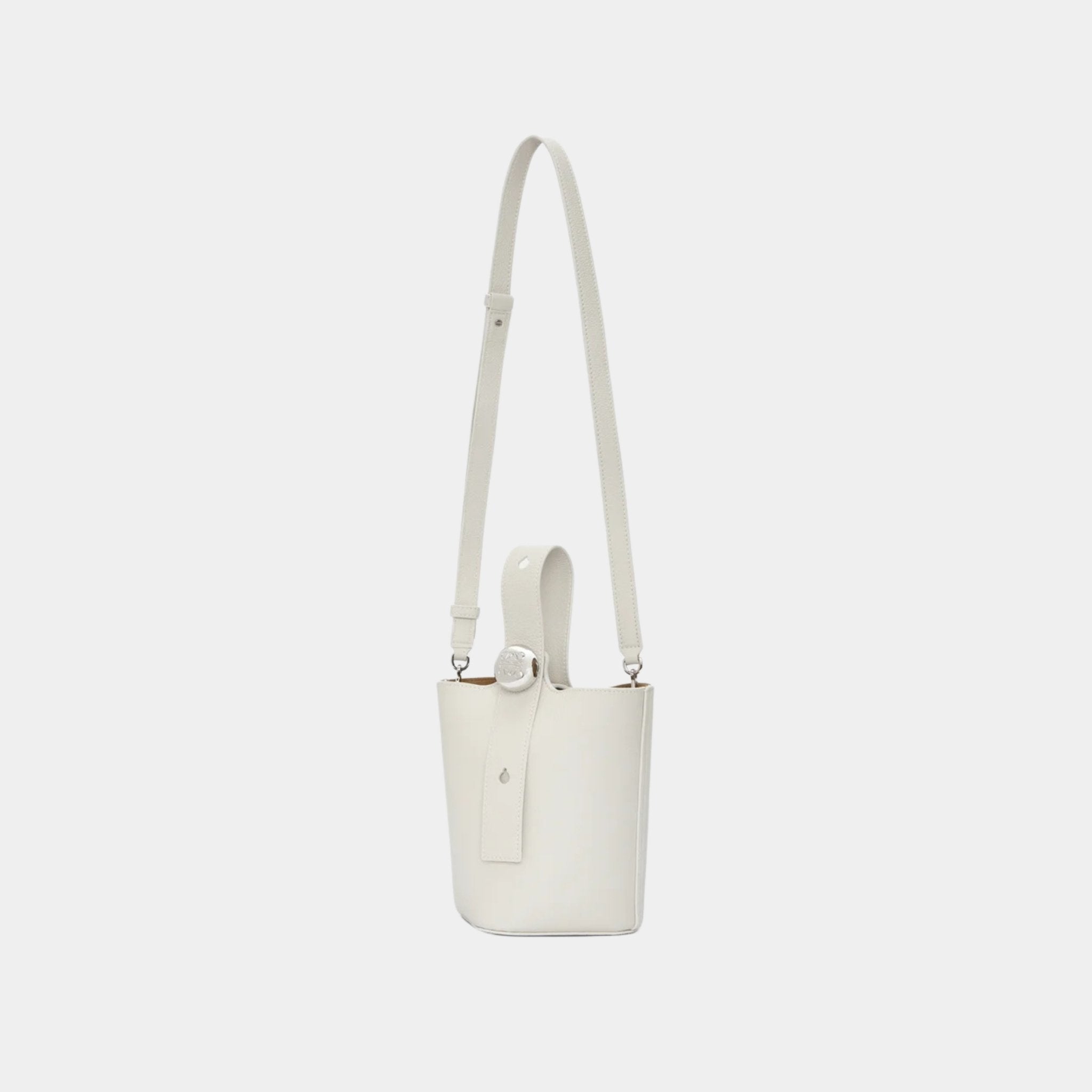 Loewe Mini Pebble Bucket Bag In Soft Grained Calfskin, Soft White, Strap