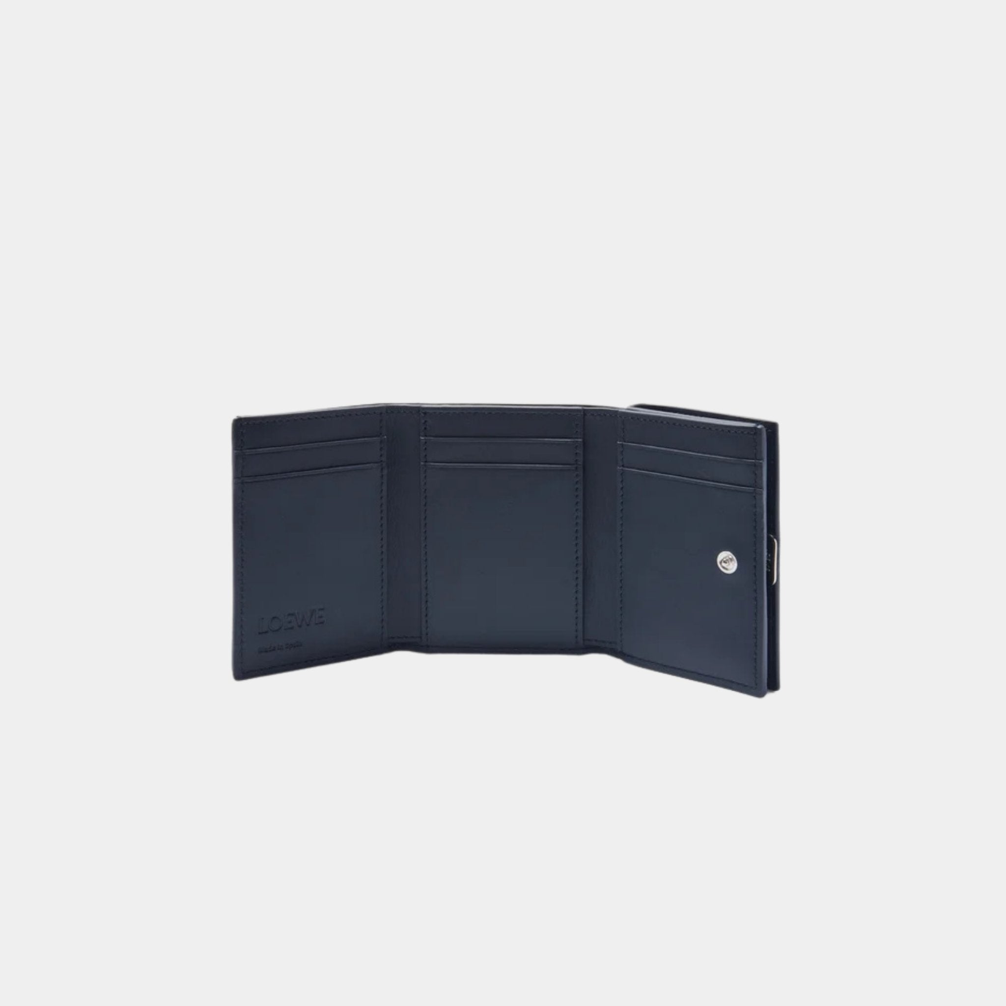 Loewe Puffer Anagram Trifold Wallet In Shiny Nappa Calfskin, Abyss Blue, Open