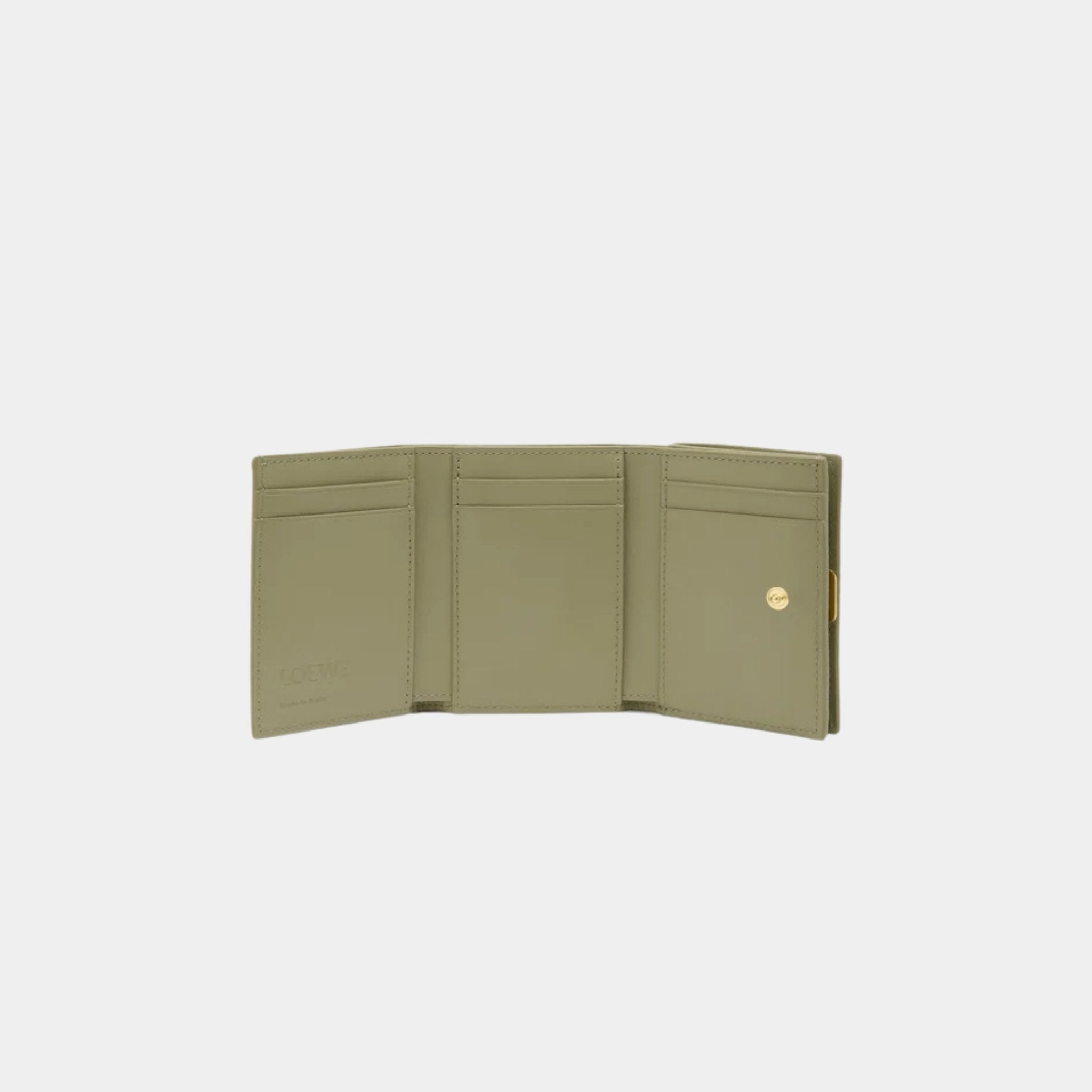 Loewe Puffer Anagram Trifold Wallet In Shiny Nappa Calfskin, Eucalyptus Green, Open