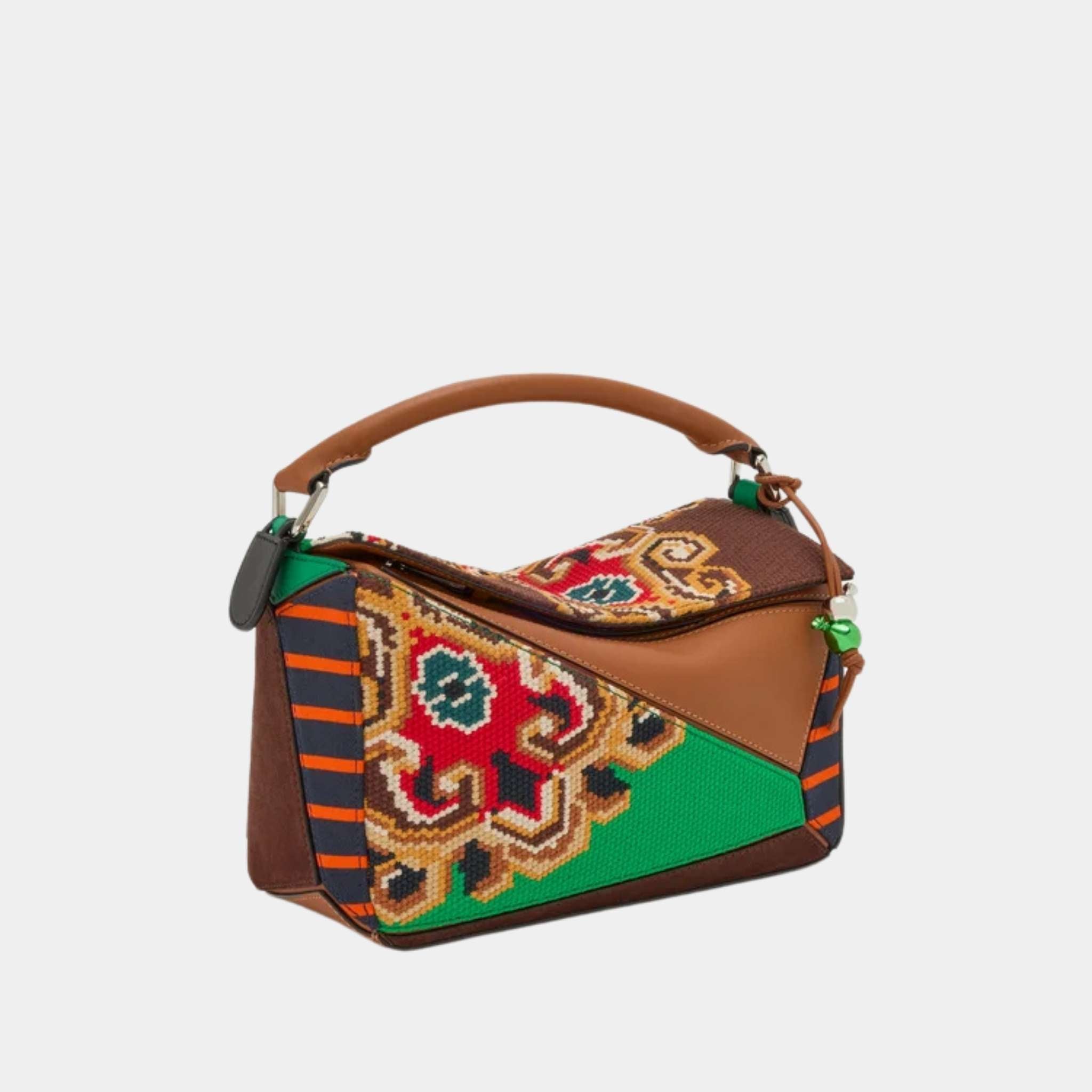Loewe Puzzle 10 Patchwork Re-edition Bag in Calfskin Canvas and Suede, Side