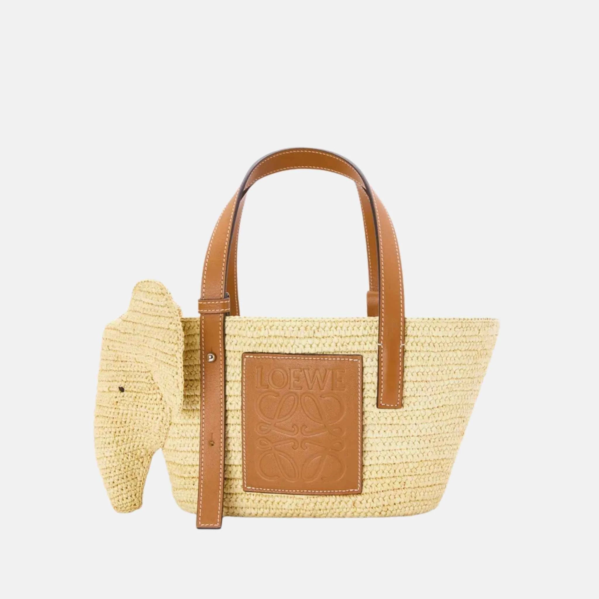 Loewe Small Elephant Basket in Raffia and Calfskin, Front