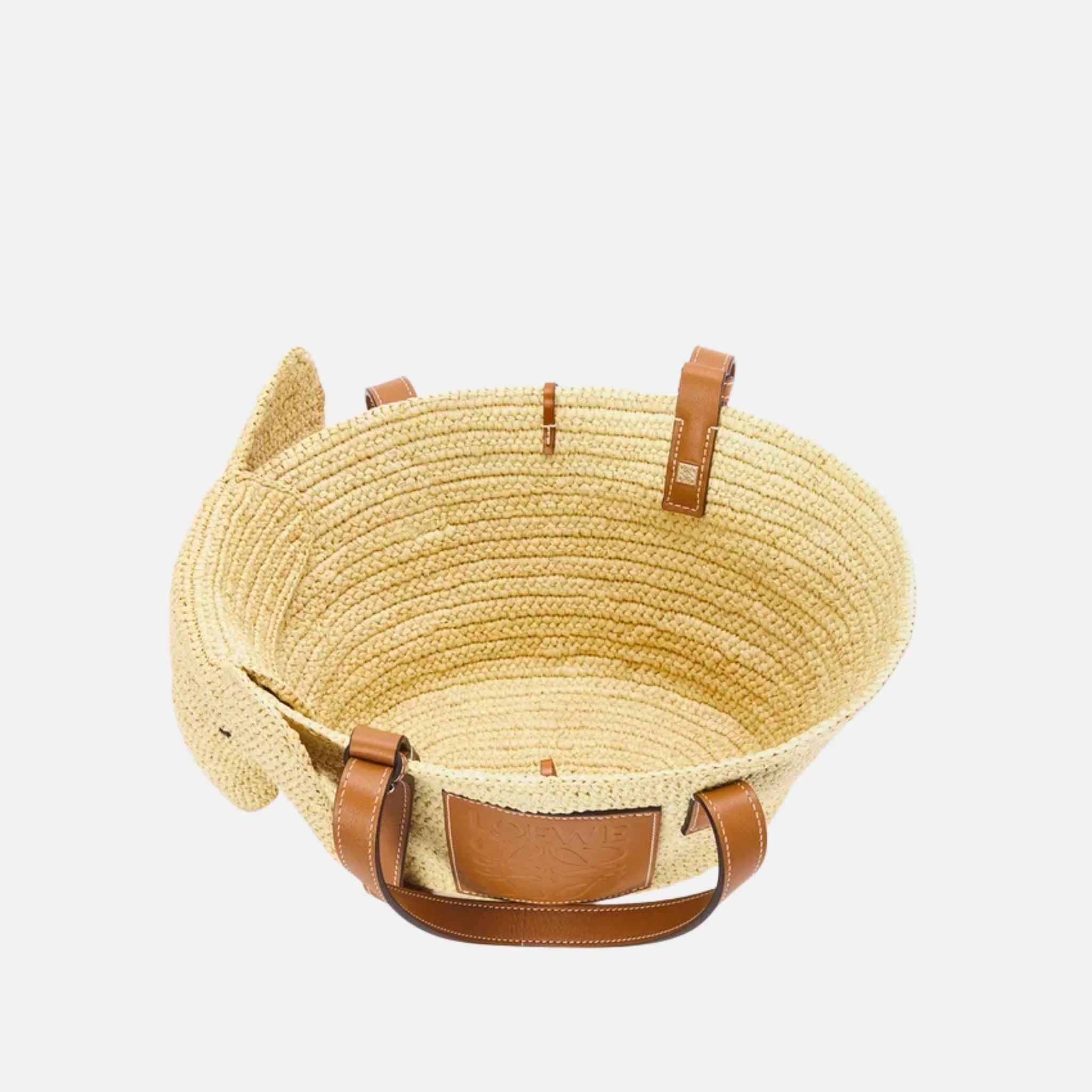 Loewe Small Elephant Basket in Raffia and Calfskin, Inside