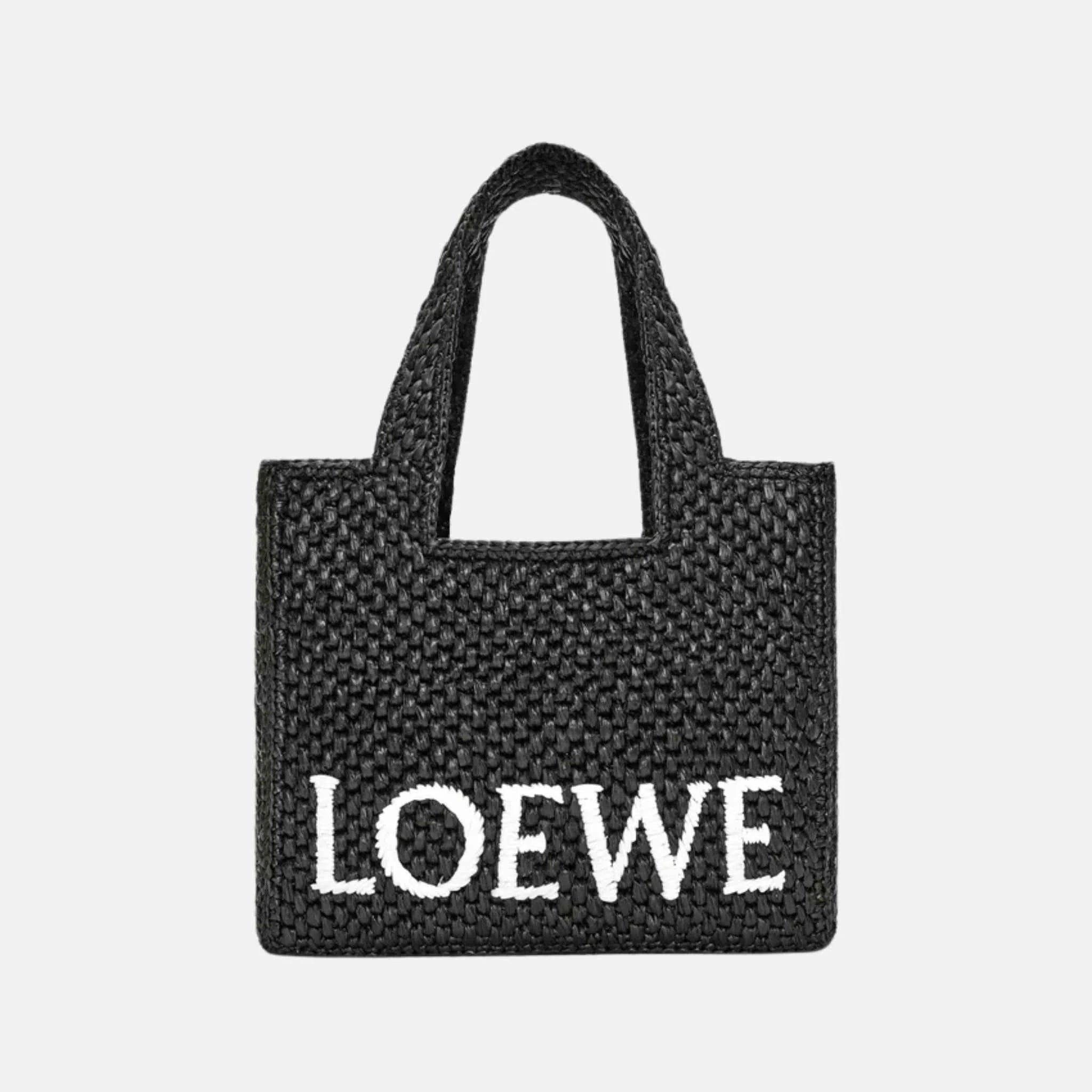 Loewe Small Font Tote in Handwoven Raffia, Black, Front