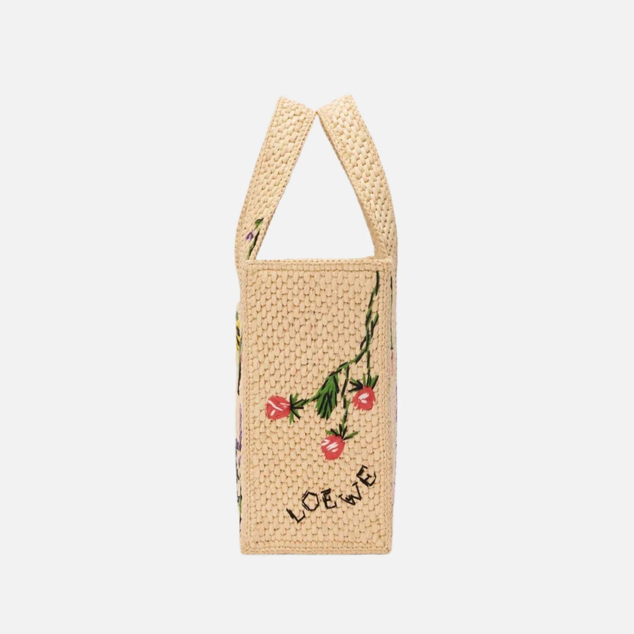 Loewe Small Font Tote in Handwoven Raffia Palm Leaves, Side