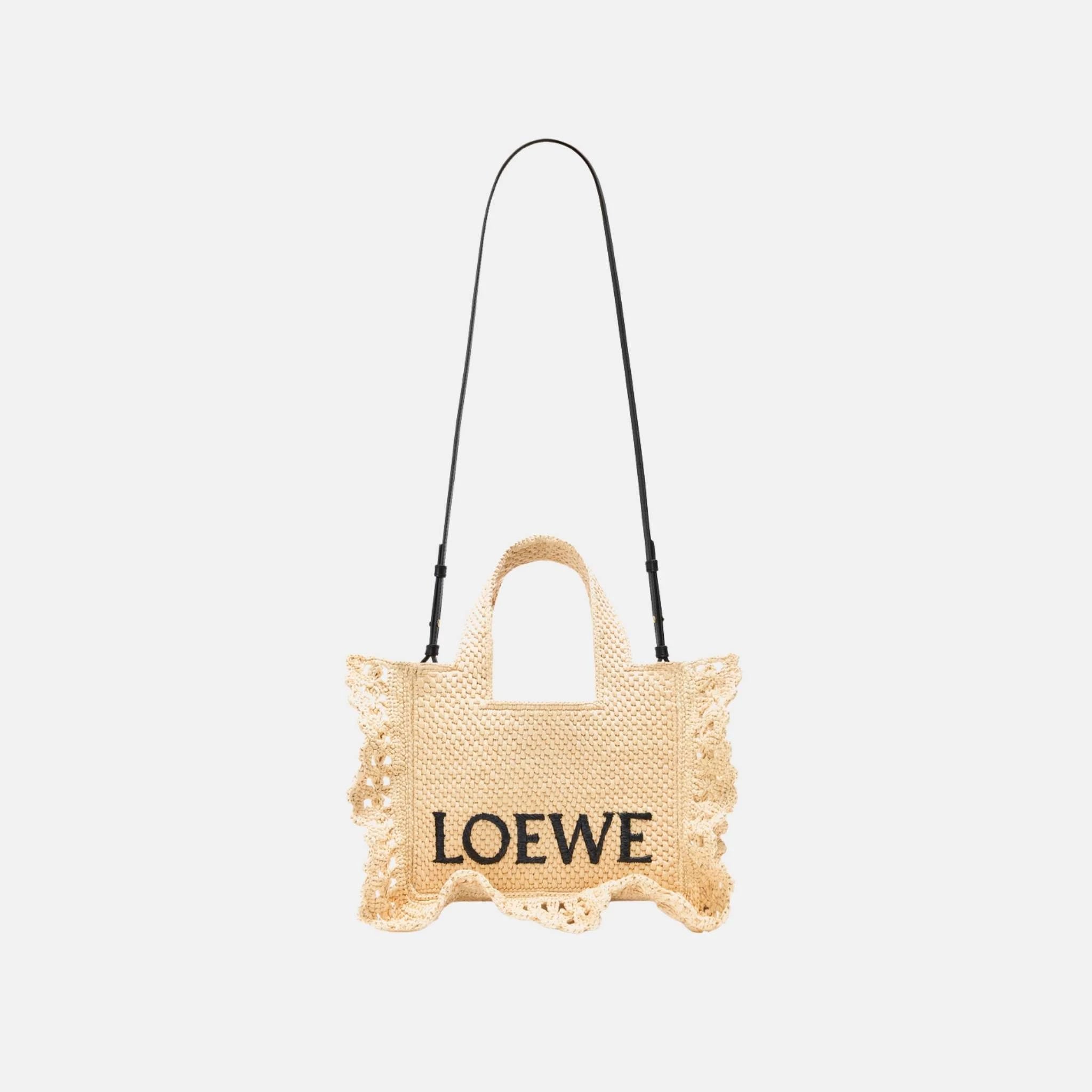 Loewe Small Font Tote in Raffia Natural, Full