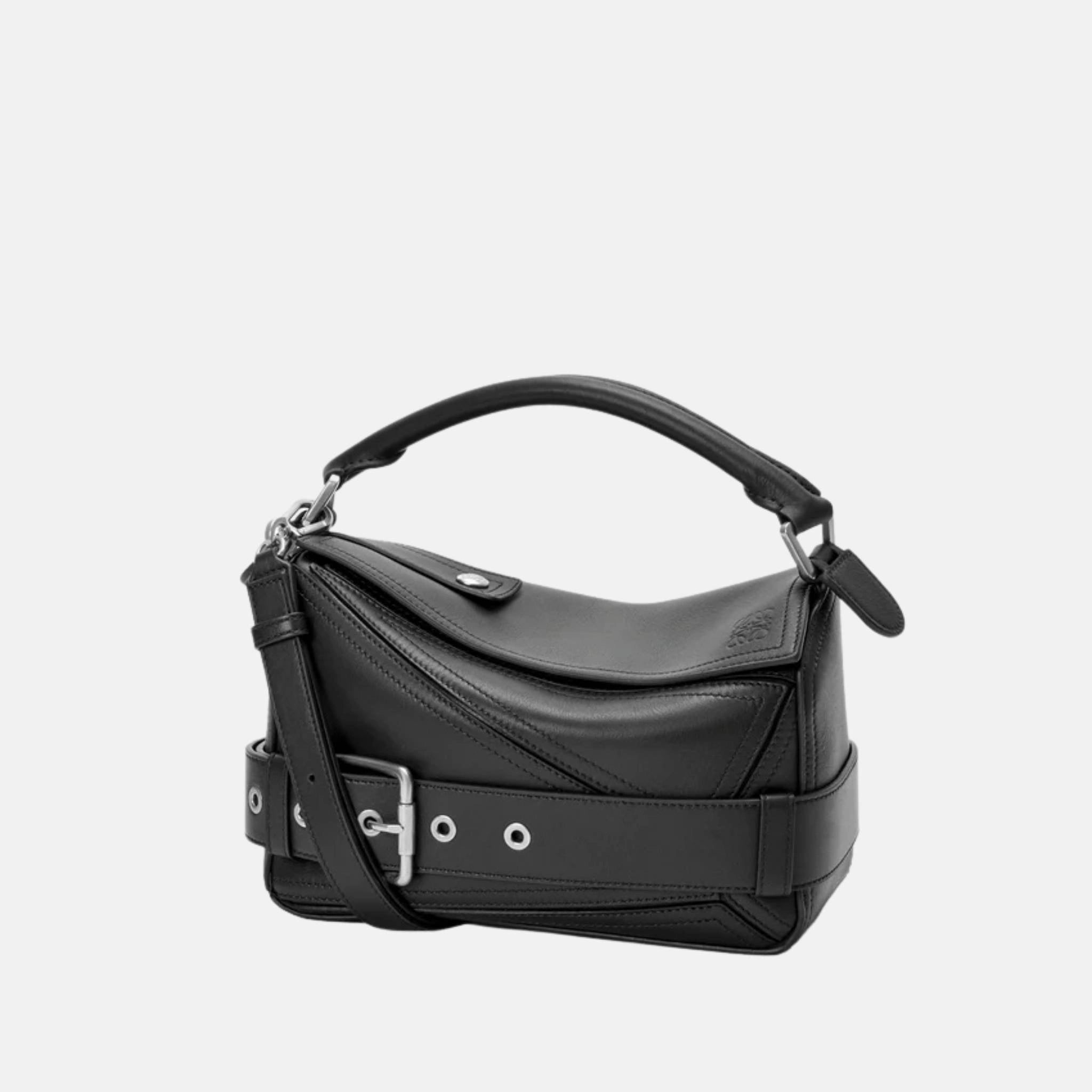 Loewe Small Puzzle Biker Bag in Shiny Calfskin, Black, Front