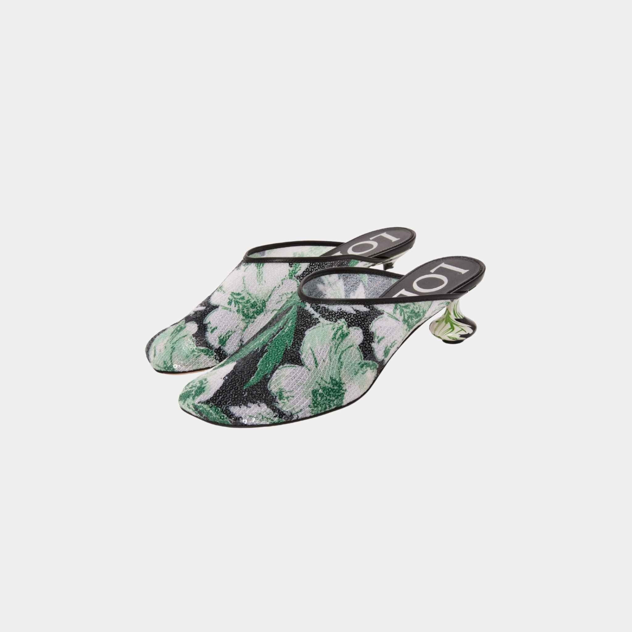 Loewe Toy Mule With Floral Print Sequins, Black, Hibiscus Green, Front