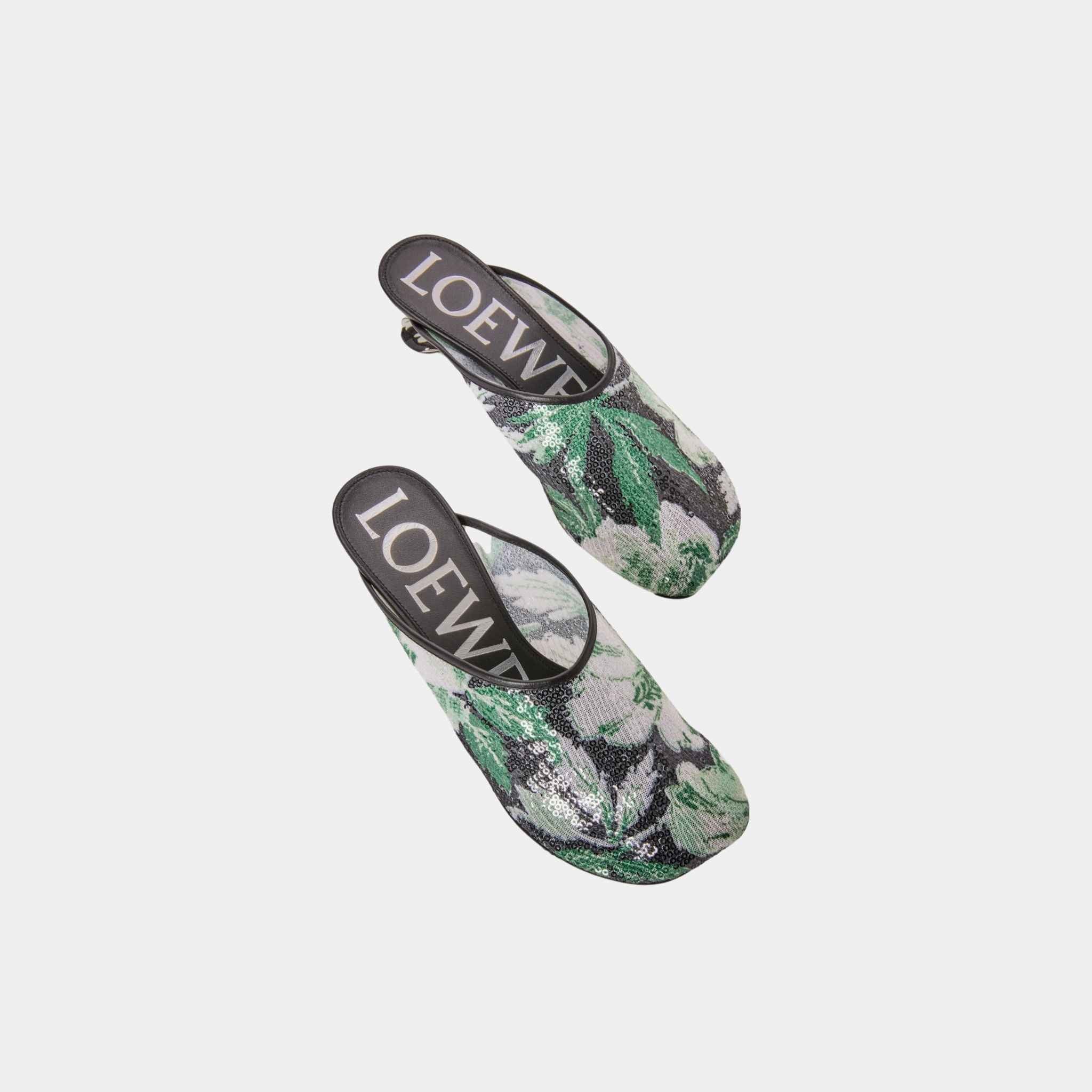 Loewe Toy Mule With Floral Print Sequins, Black, Hibiscus Green, Top