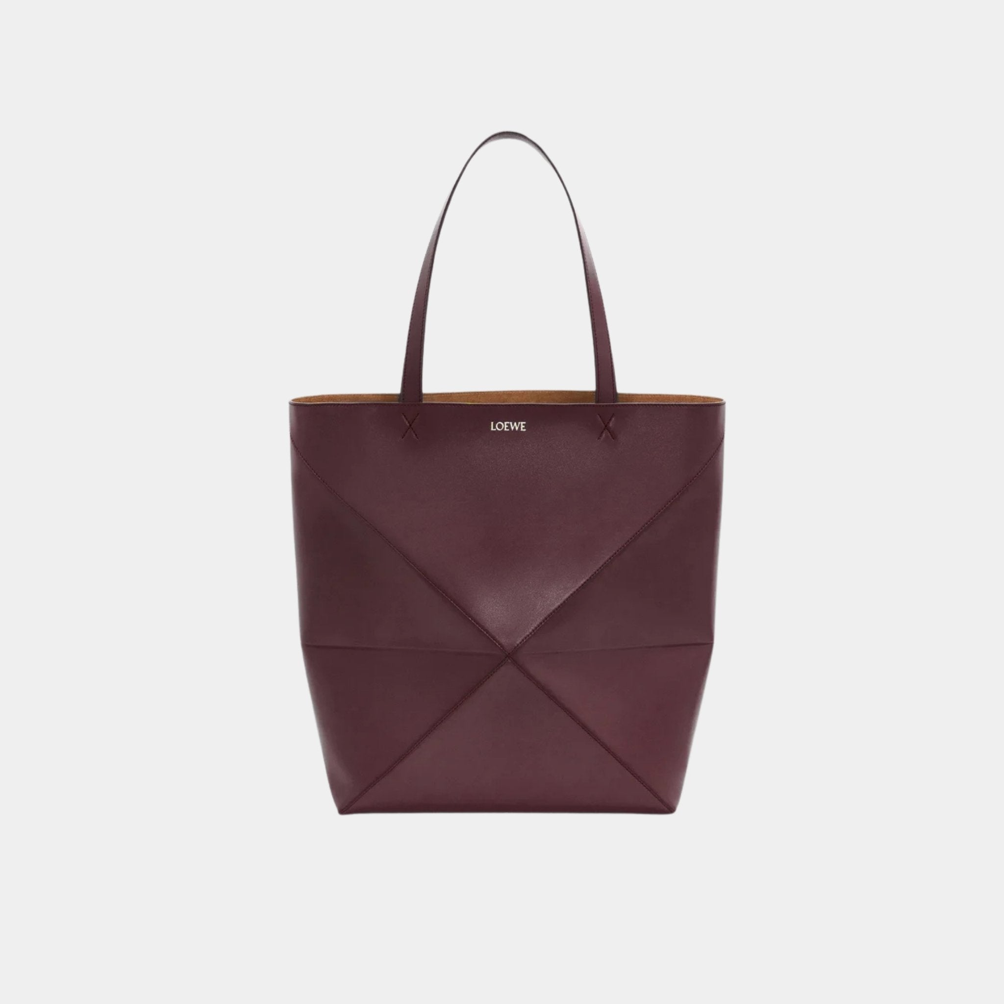 Loewe XL Puzzle Fold Tote Bag Shiny Calf Leather, Dark Burgundy, Front