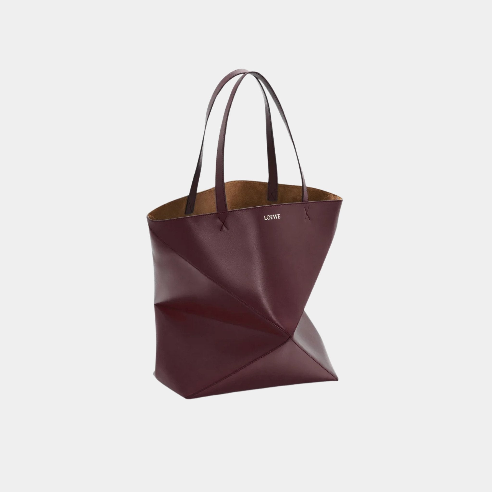 Loewe XL Puzzle Fold Tote Bag Shiny Calf Leather, Dark Burgundy, Side