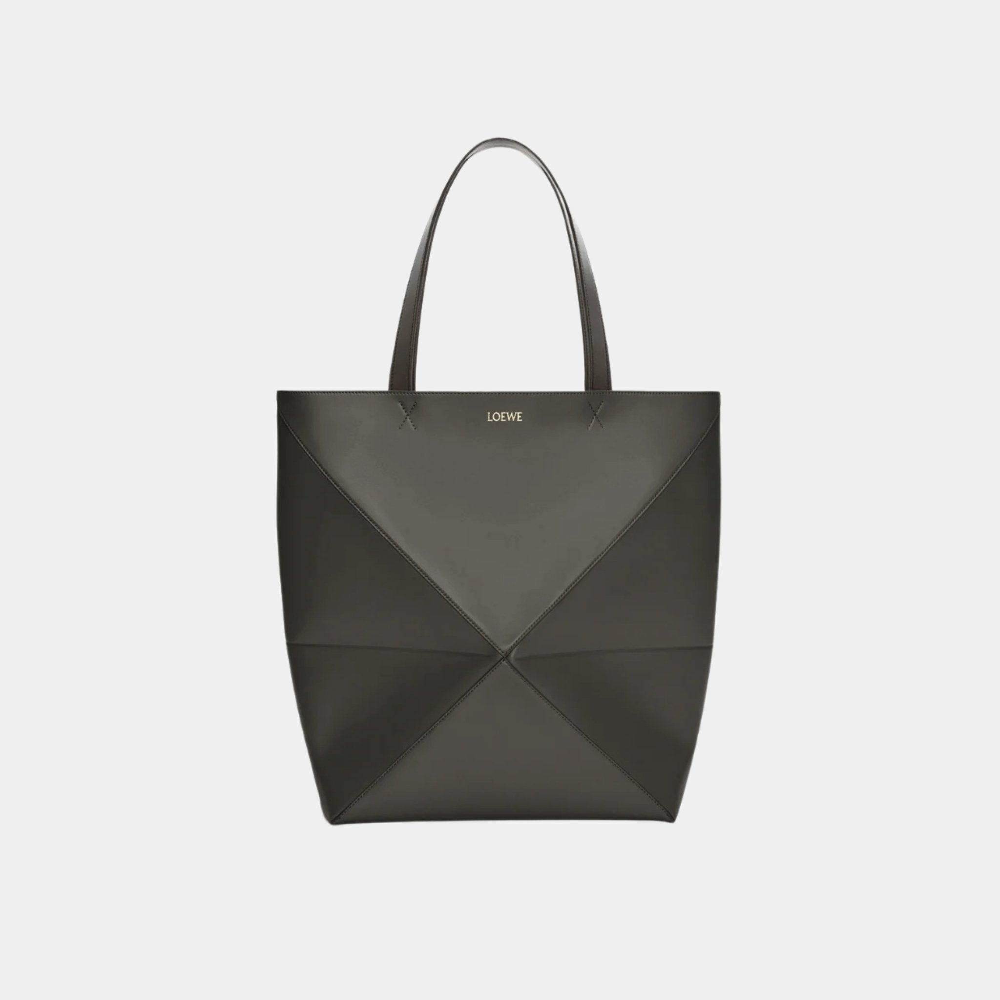 Loewe XL Puzzle Fold Tote Bag Shiny Calf Leather, Dark Gray, Front