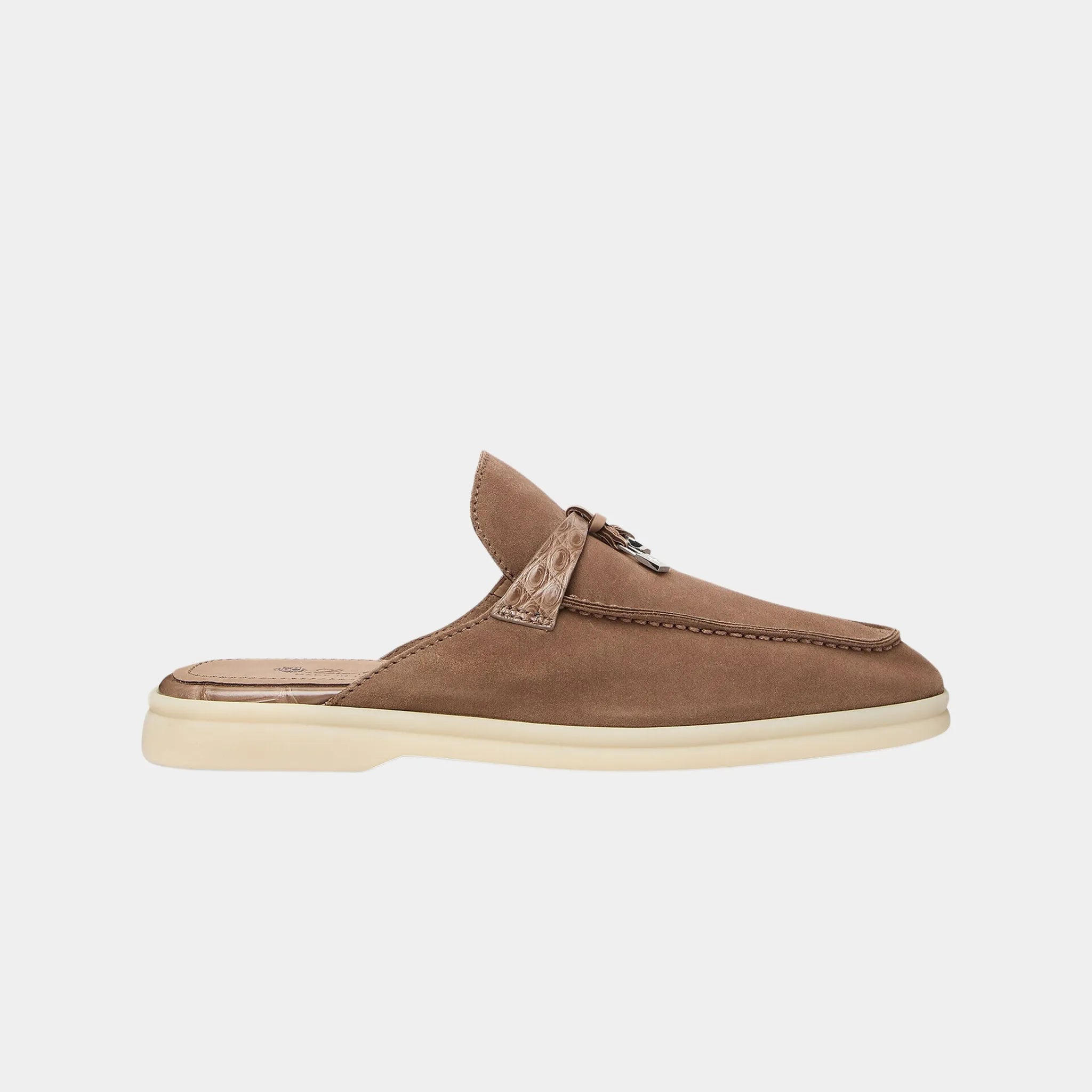 Loro Piana Charms Walk Babouche Loafer Suede With Alligator Saddles, Caribu, Side