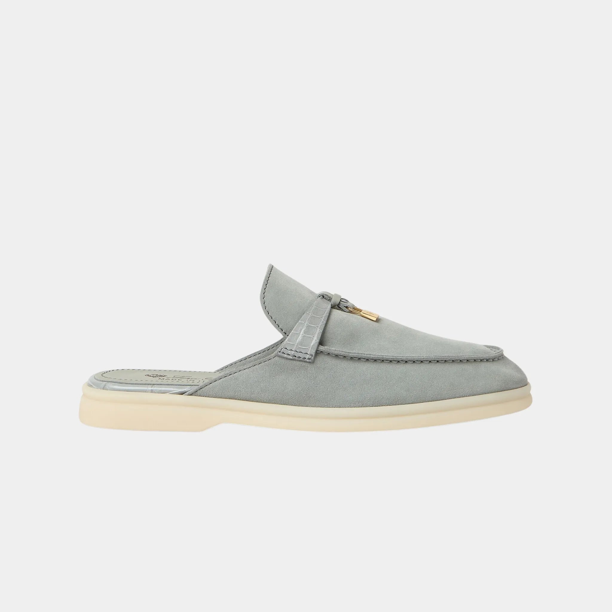 Loro Piana Charms Walk Babouche Loafer Suede With Alligator Saddles, Eucalyptus, Side