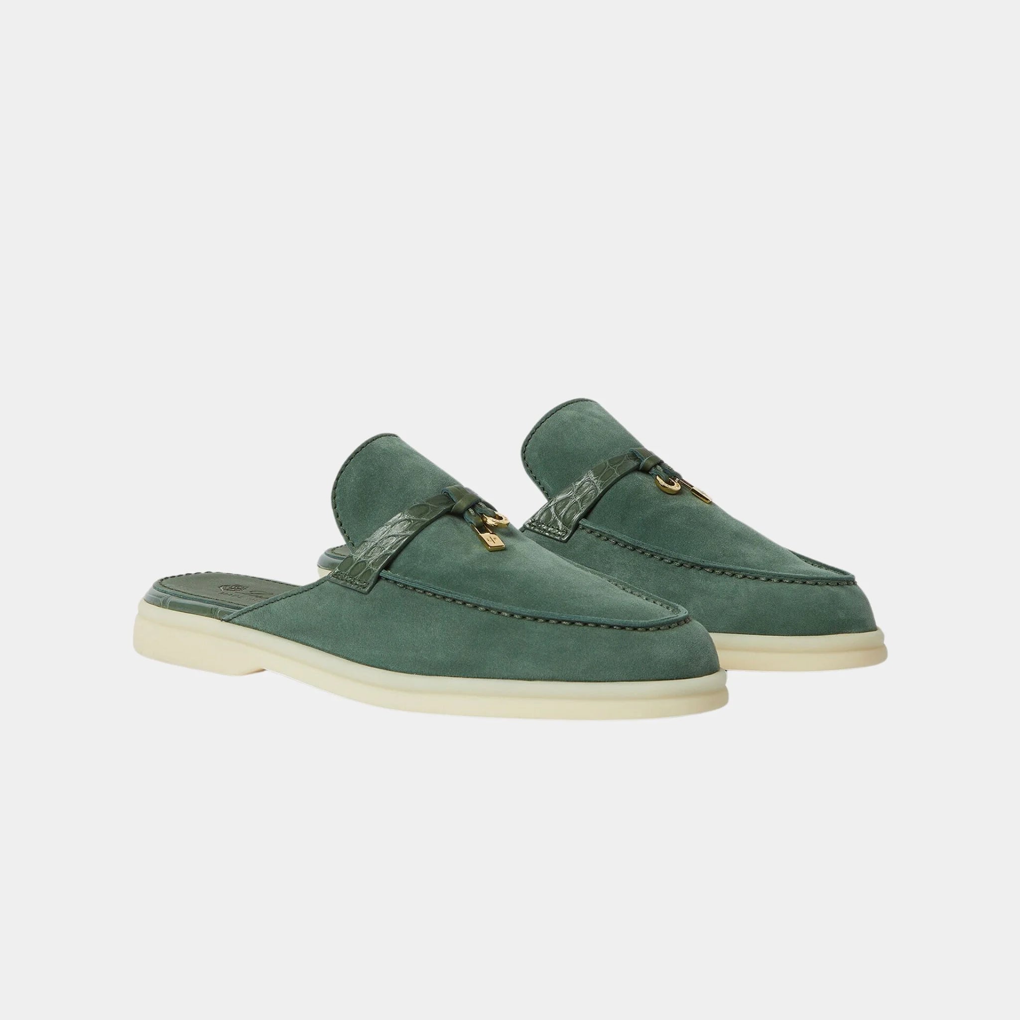 Loro Piana Charms Walk Babouche Loafer Suede With Alligator Saddles, Green Lagoon, Front