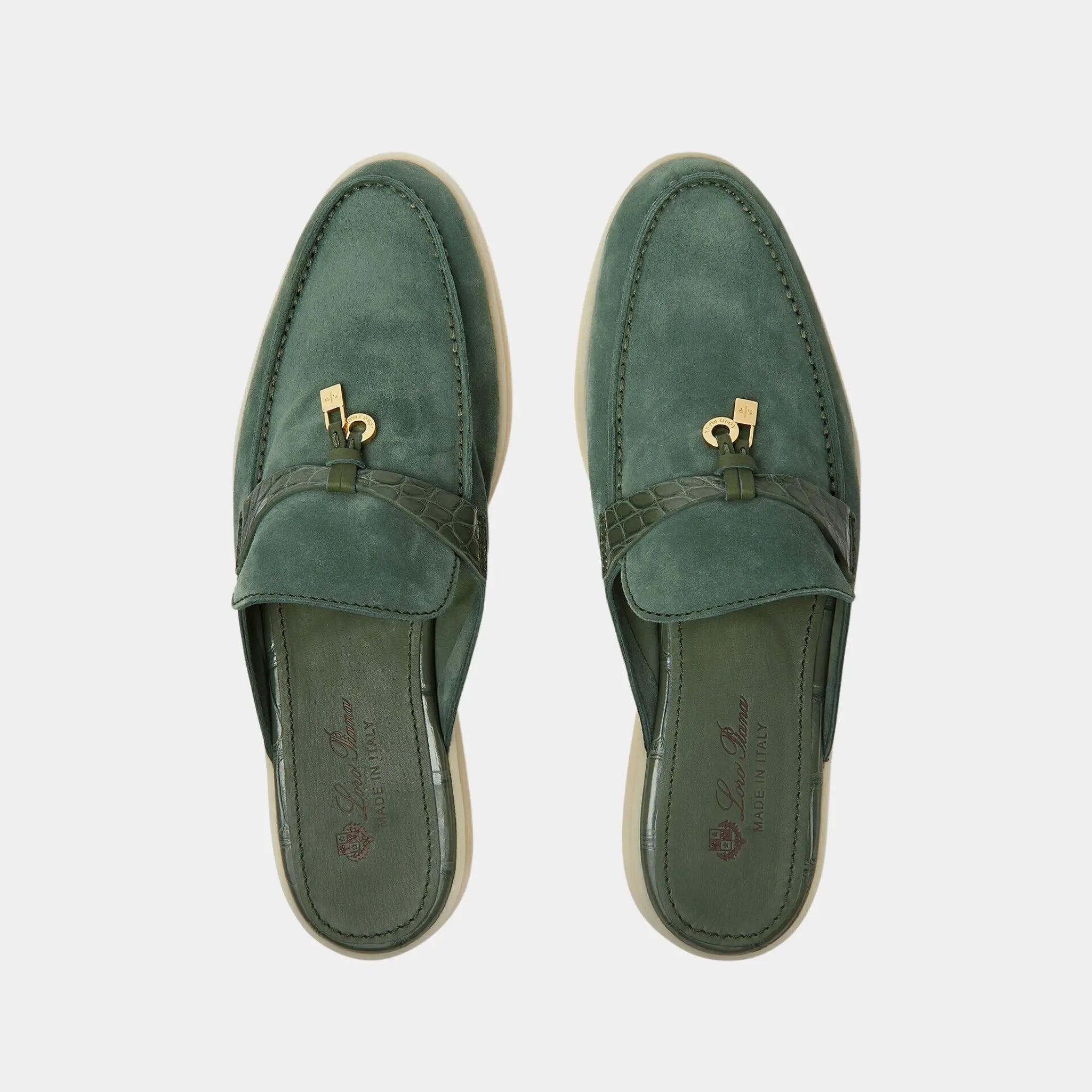 Loro Piana Charms Walk Babouche Loafer Suede With Alligator Saddles, Green Lagoon, Top