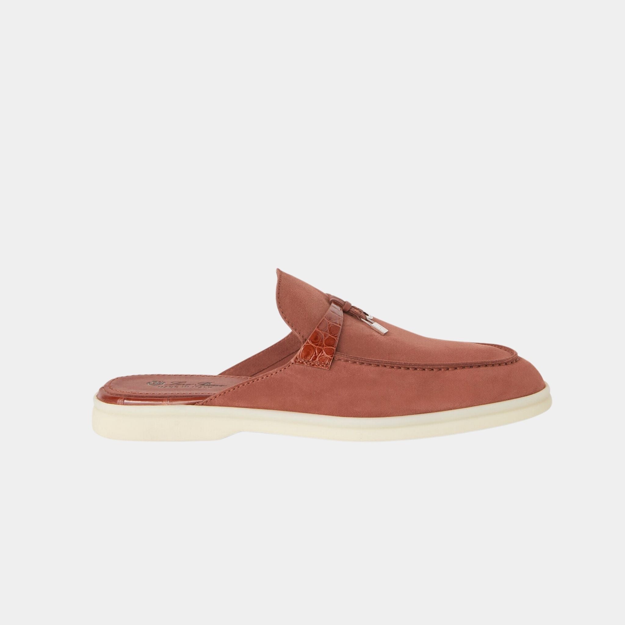 Loro Piana Charms Walk Babouche Loafer Suede With Alligator Saddles, Raw Sienna, Side
