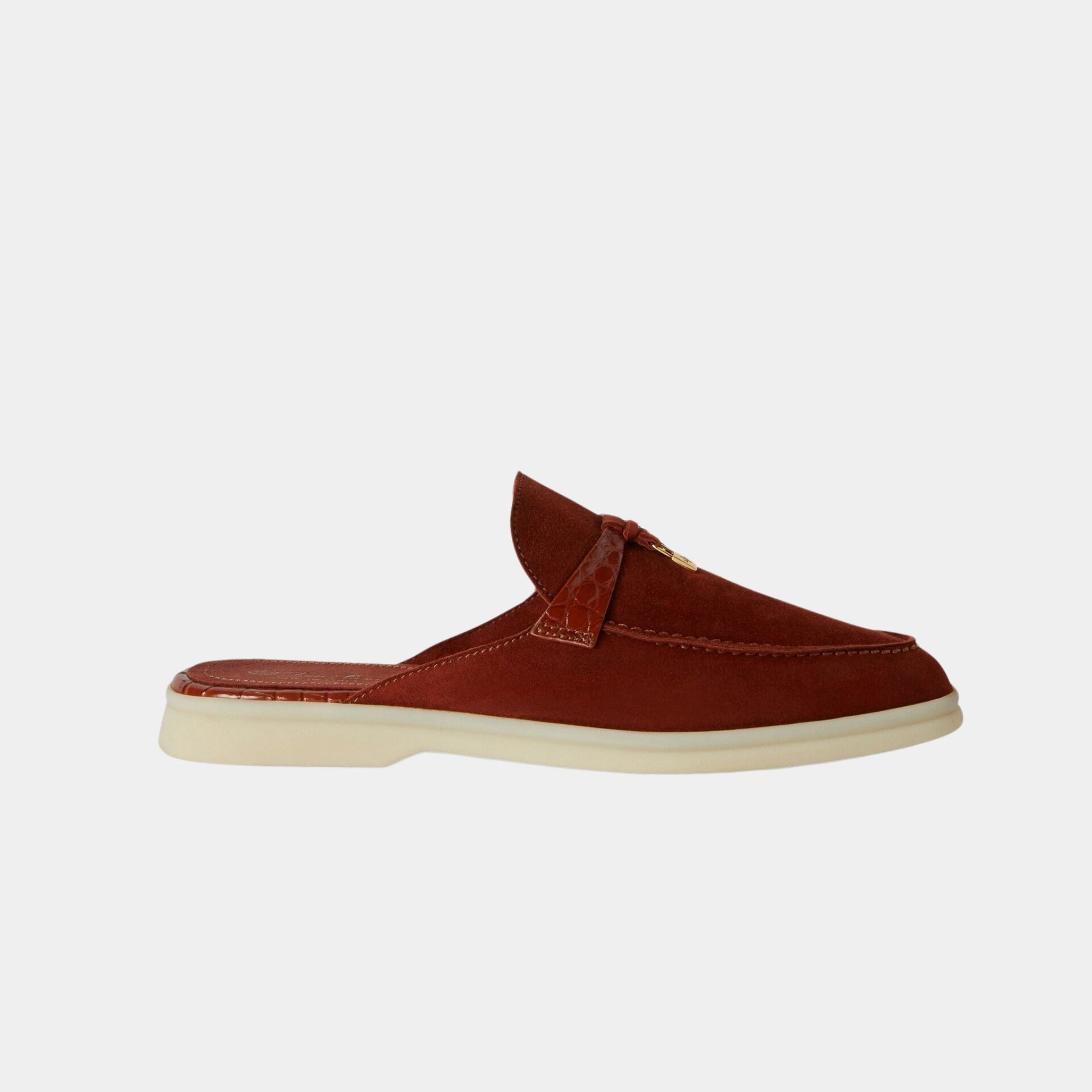 Loro Piana Charms Walk Babouche Loafer Suede With Alligator Saddles, Rust, Side