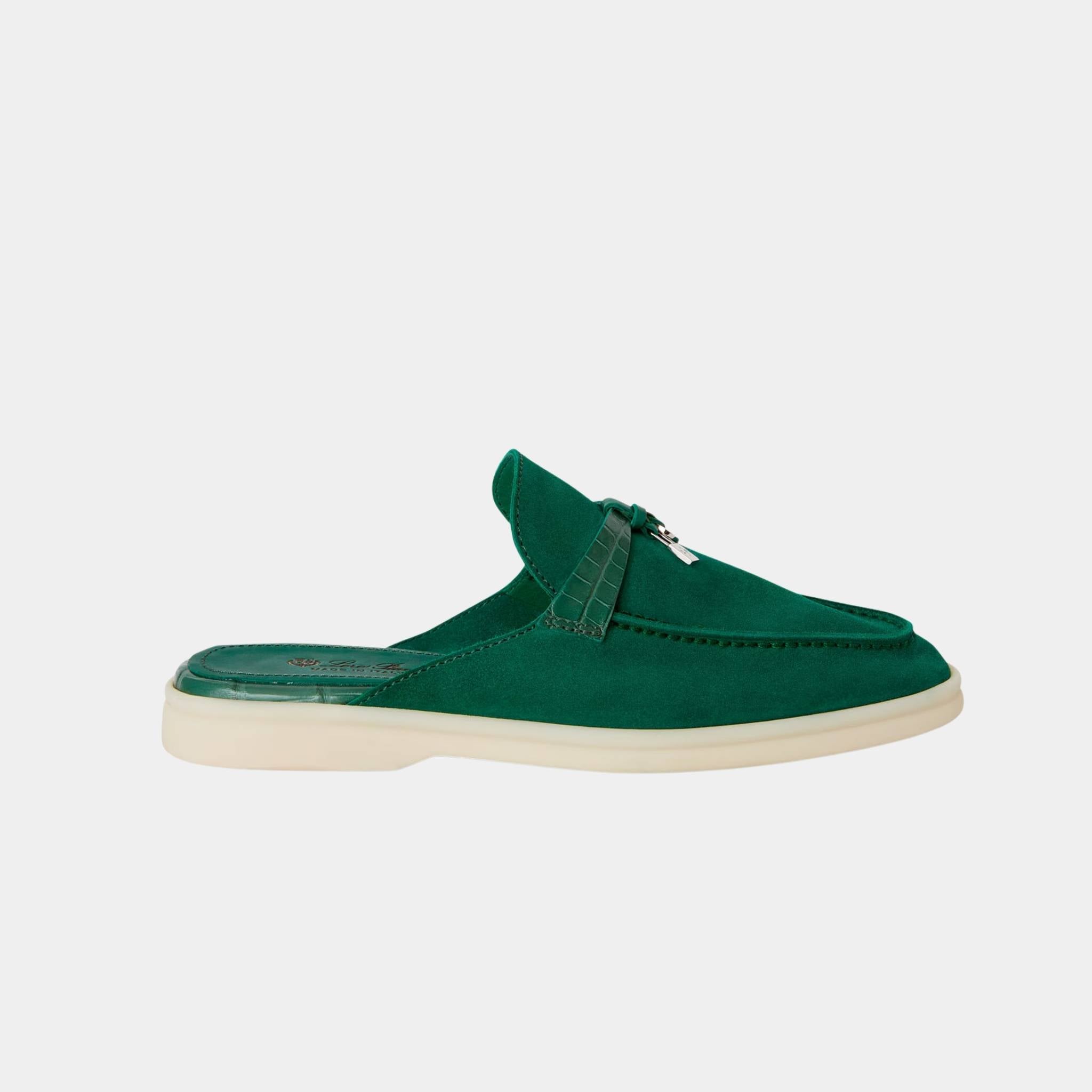 Loro Piana Charms Walk Babouche Suede Loafer With Alligator Saddles, Baobab Green, Side