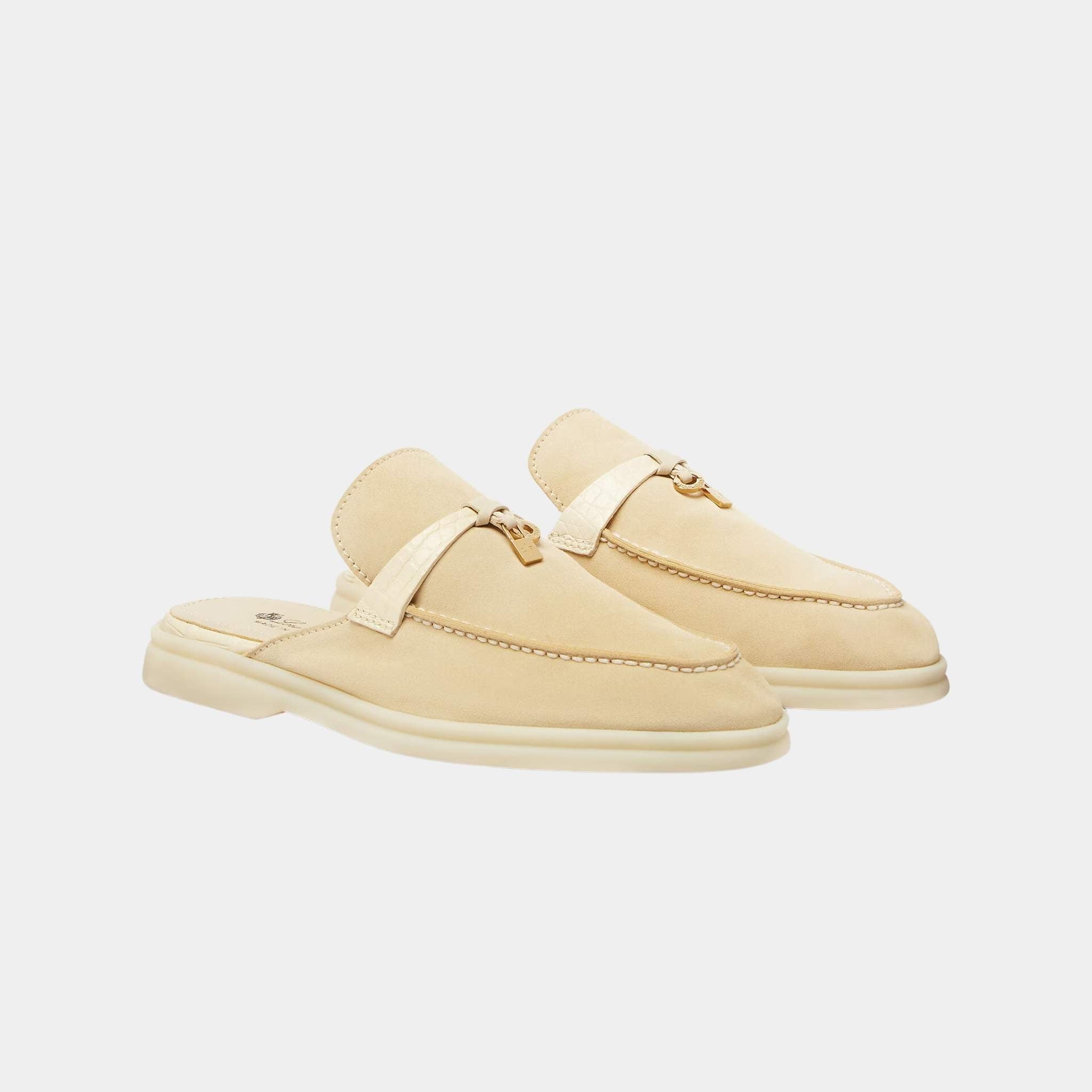 Loro Piana Charms Walk Babouche Suede Loafer With Alligator Saddles, Butter, Front