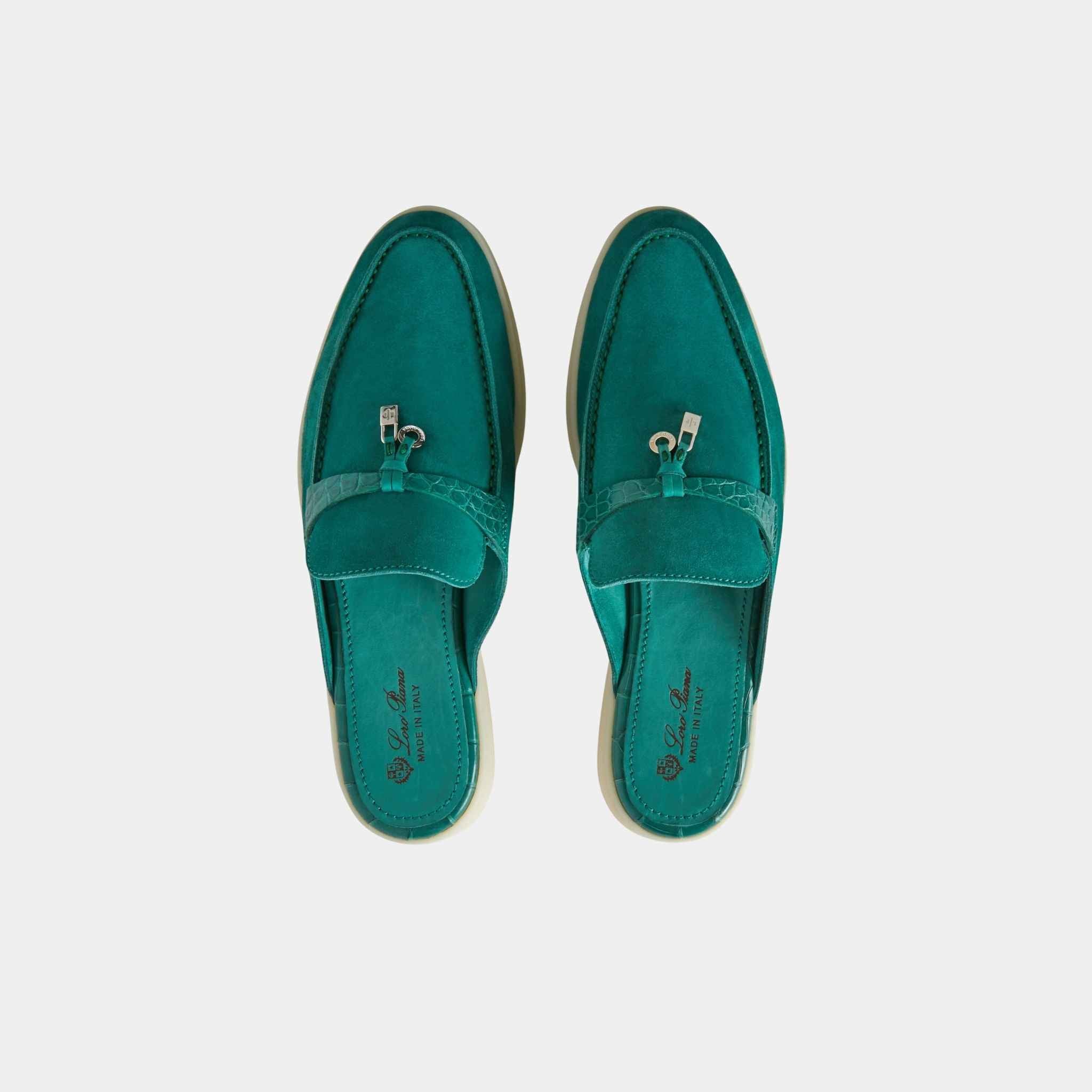 Loro Piana Charms Walk Babouche Suede Loafer With Alligator Saddles, Forest Leaves, Top