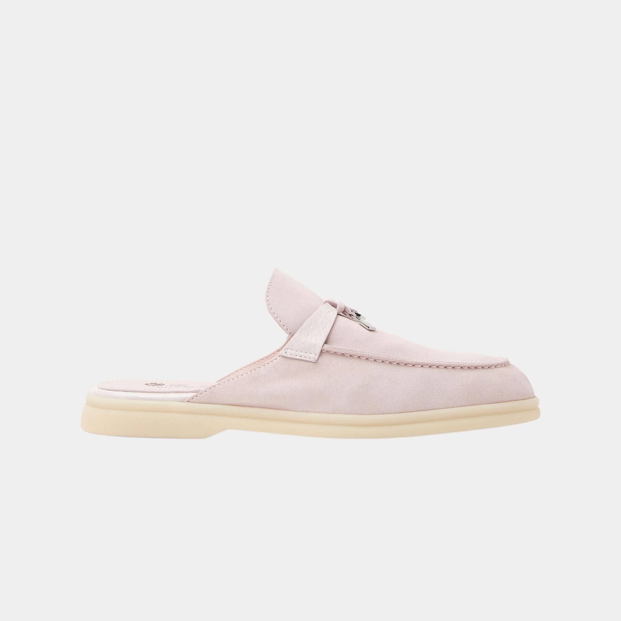 Loro Piana Charms Walk Babouche Suede Loafer With Alligator Saddles, Whisper Pink, Side