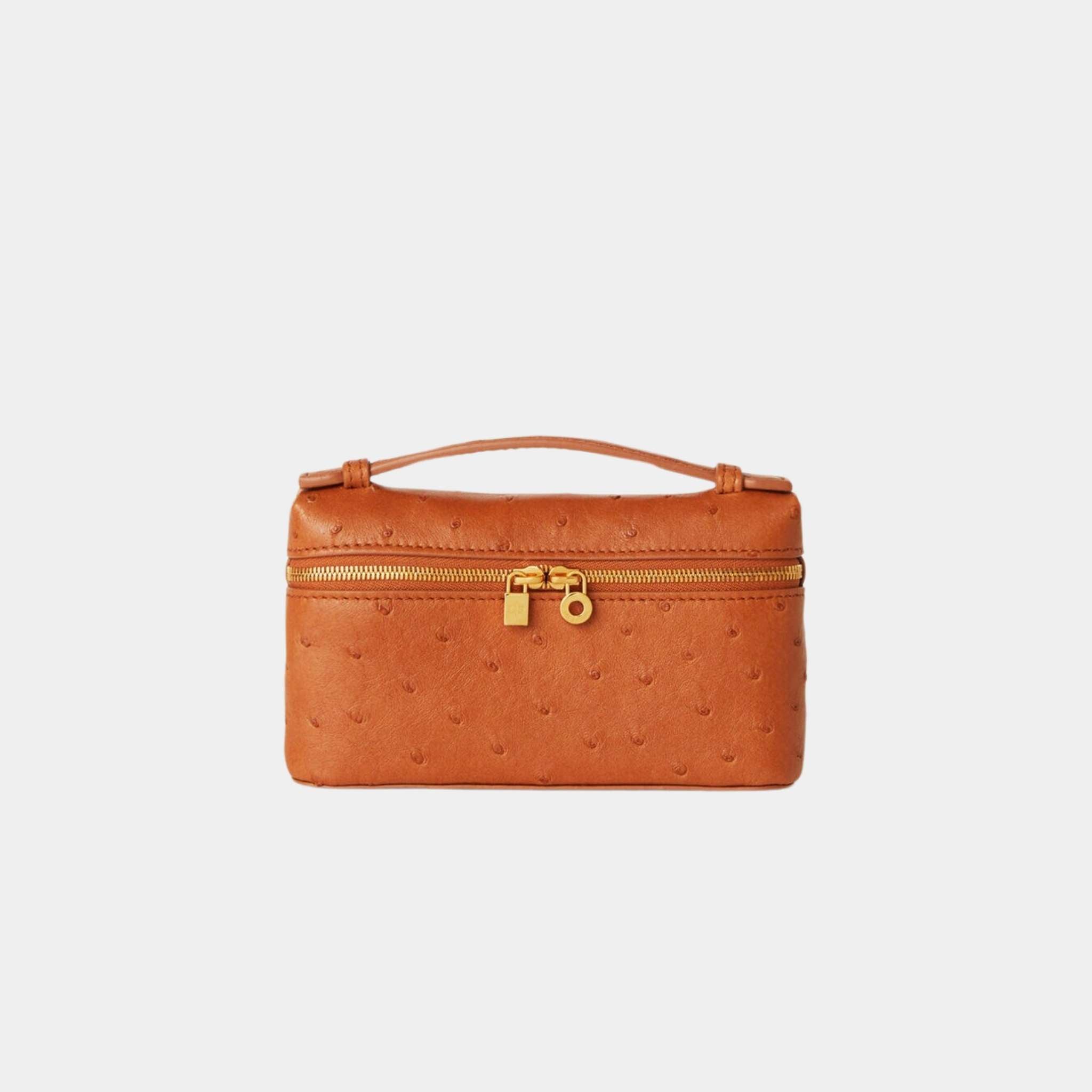 Loro Piana Extra Pocket Mini Pouch Ostrich Leather, Cognac, Sun Gold, Front