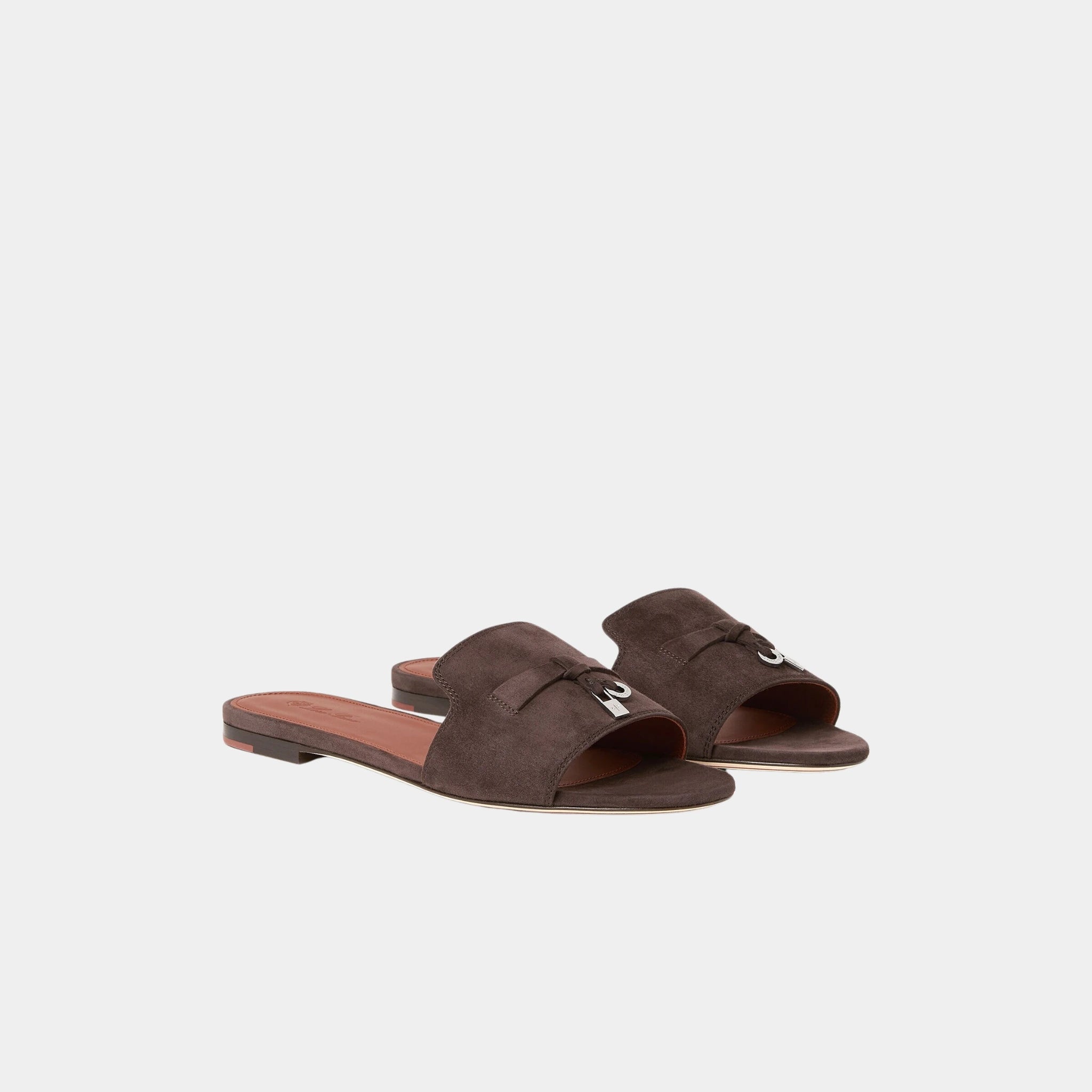 Loro Piana Summer Charms Sandal Flat In Suede Goatskin, Colour Pecora Nera, Front