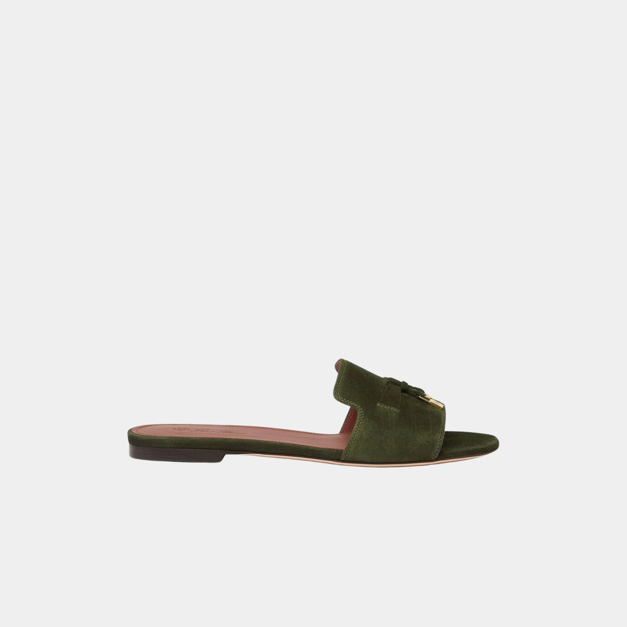 Loro Piana Summer Charms Sandal Flat In Suede Goatskin, Ribbon Green, Side