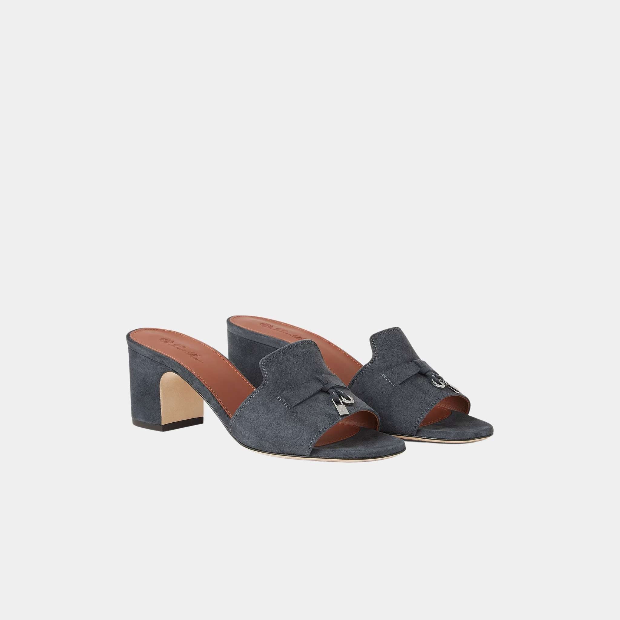 Loro Piana Summer Charms Heeled Sandal, Blue Green, Front