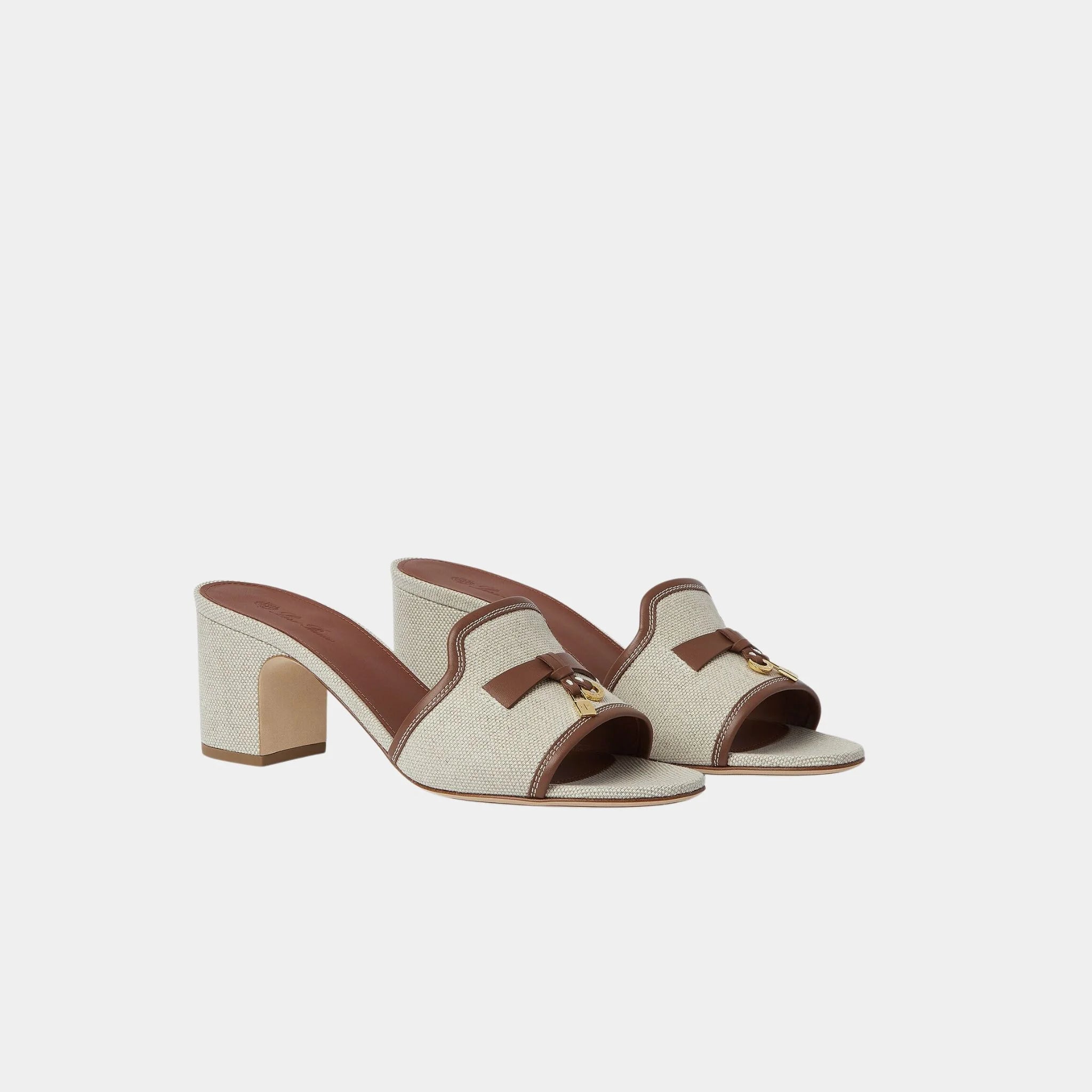 Loro Piana Summer Charms Heeled Sandal in Cotton and Linen, Natural, Caramel Sugar, Front