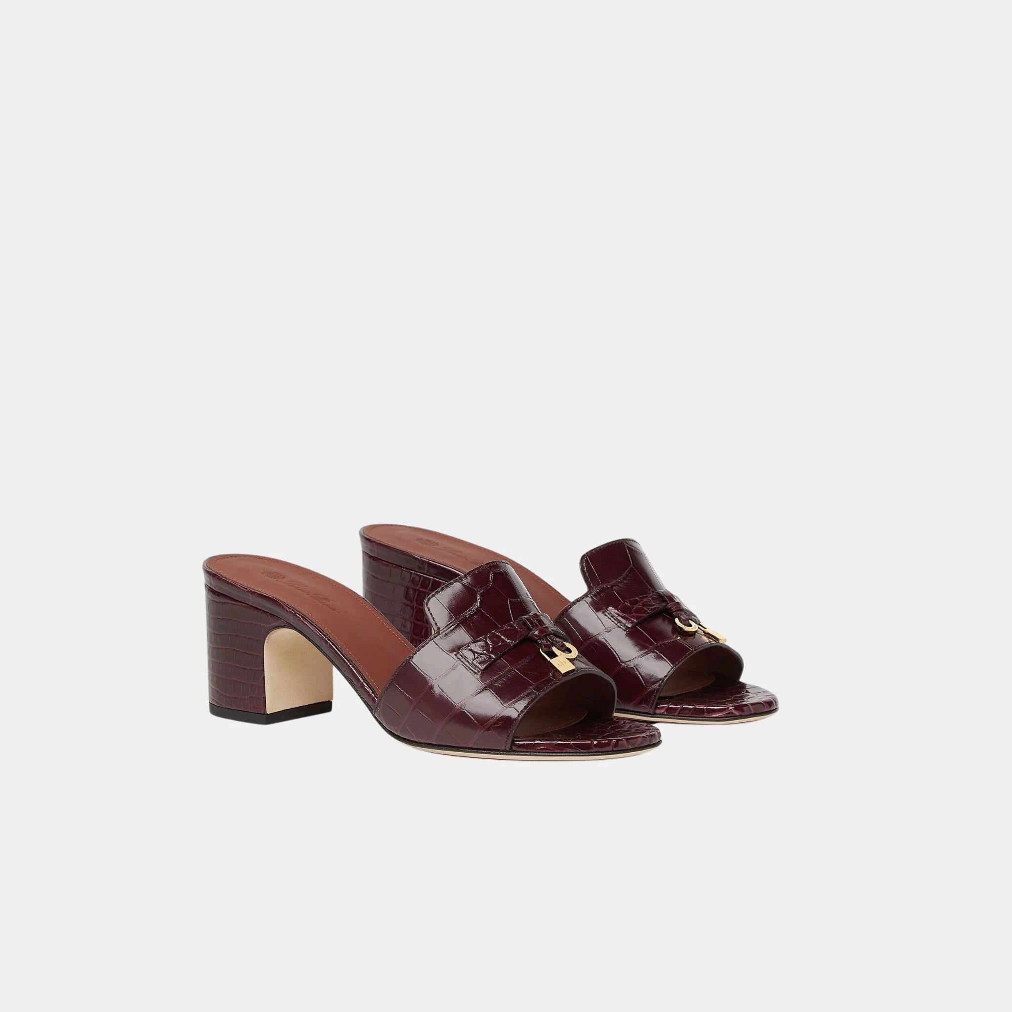Loro Piana Summer Charms Heeled Sandal in Crocodile Leather, Oxblood, Front