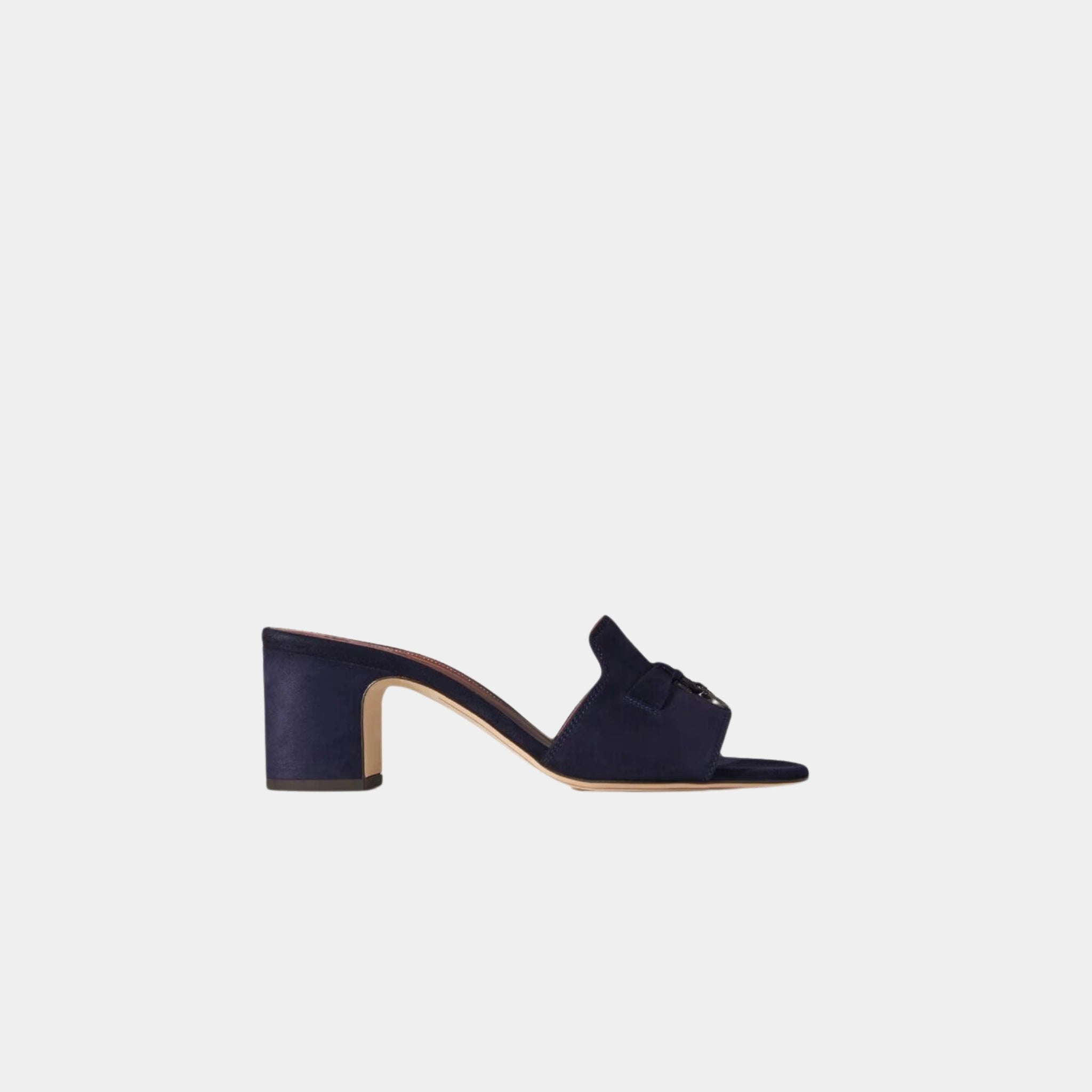 Loro Piana Summer Charms Heeled Sandal, Navy Blue, Side