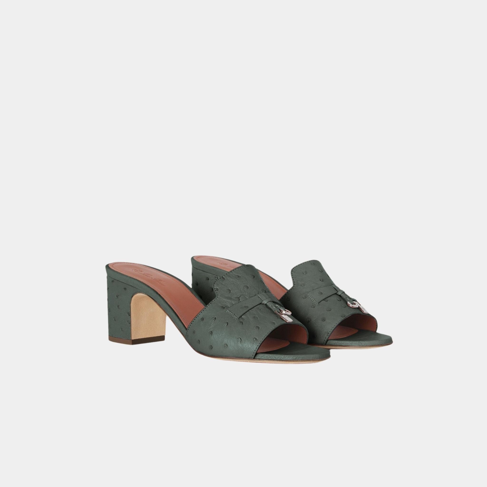 Loro Piana Summer Charms Heeled Sandal Ostrich Leather, Forest, Sun Gold, Front