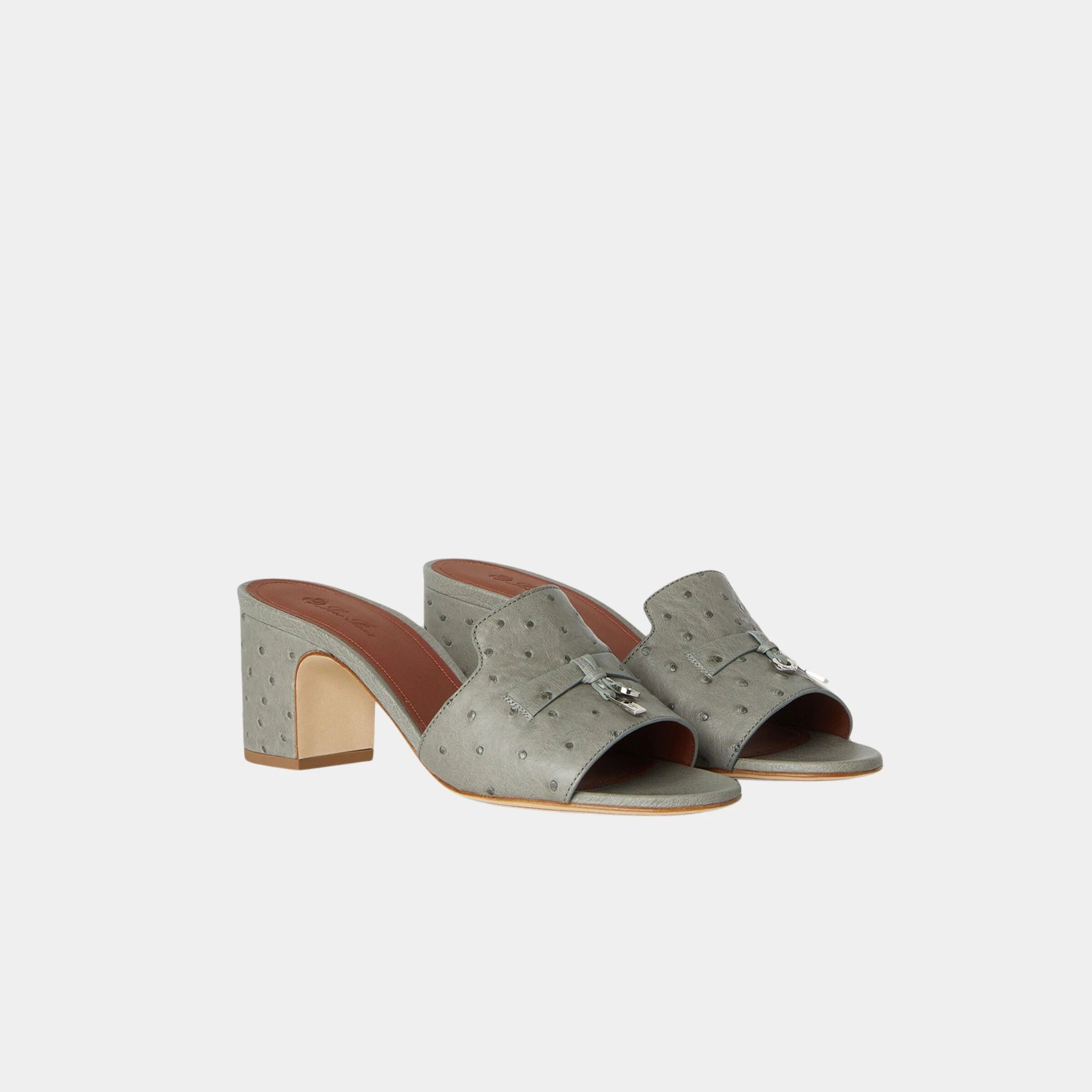 Loro Piana Summer Charms Heeled Sandal Ostrich Leather, Yerba Mate, Front