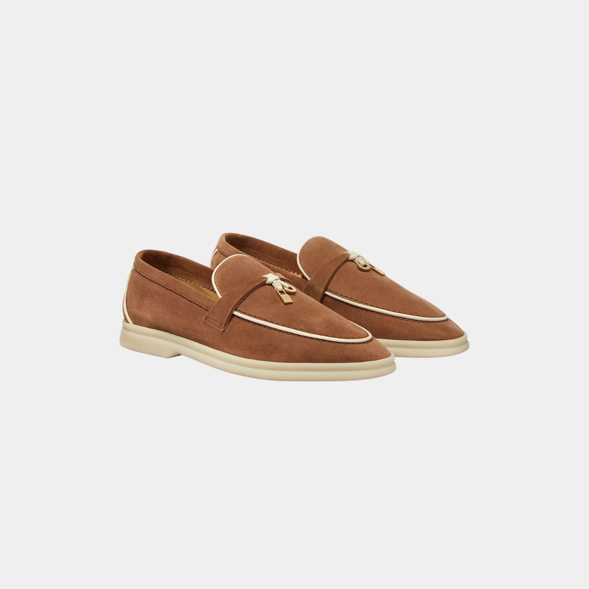 Loro Piana Summer Charms Walk Loafers In Suede Goatskin, Mole, Front