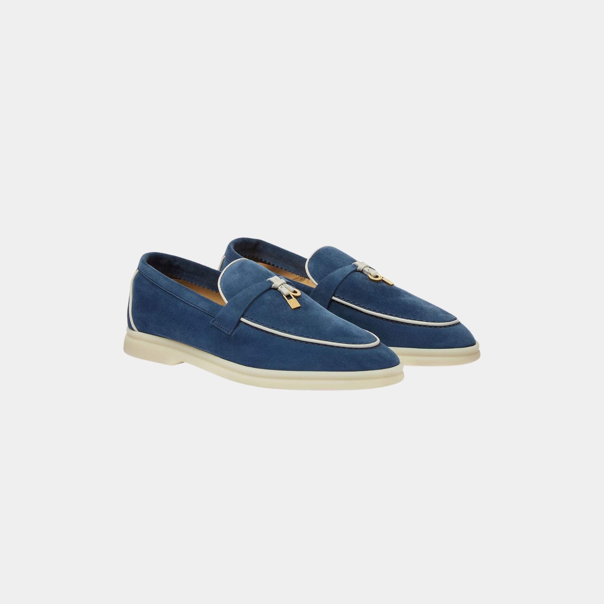 Loro Piana Summer Charms Walk Loafers In Suede Goatskin, Ocean Heart, Front