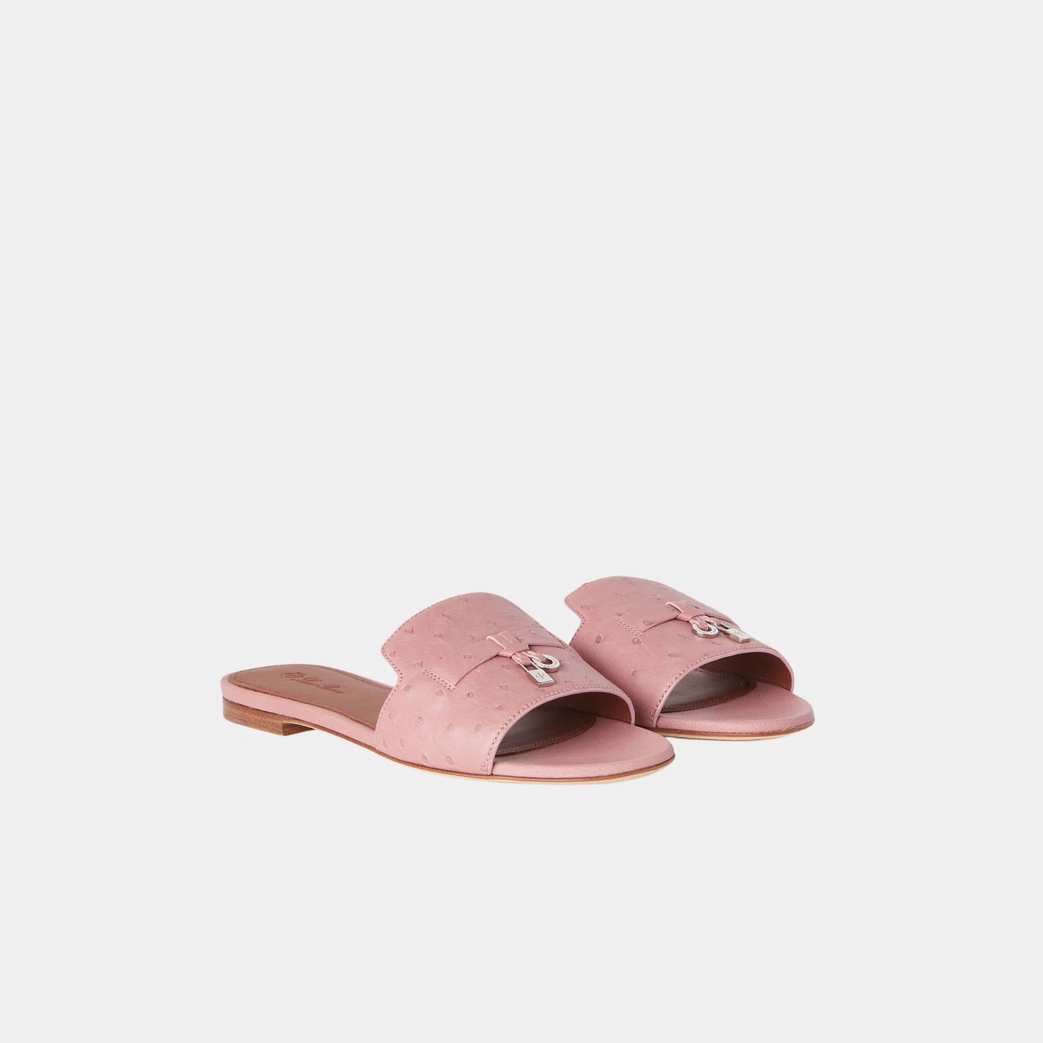 Loro Piana Summer Charms Ostrich Leather Flat Sandal, Noisette Rose, Front