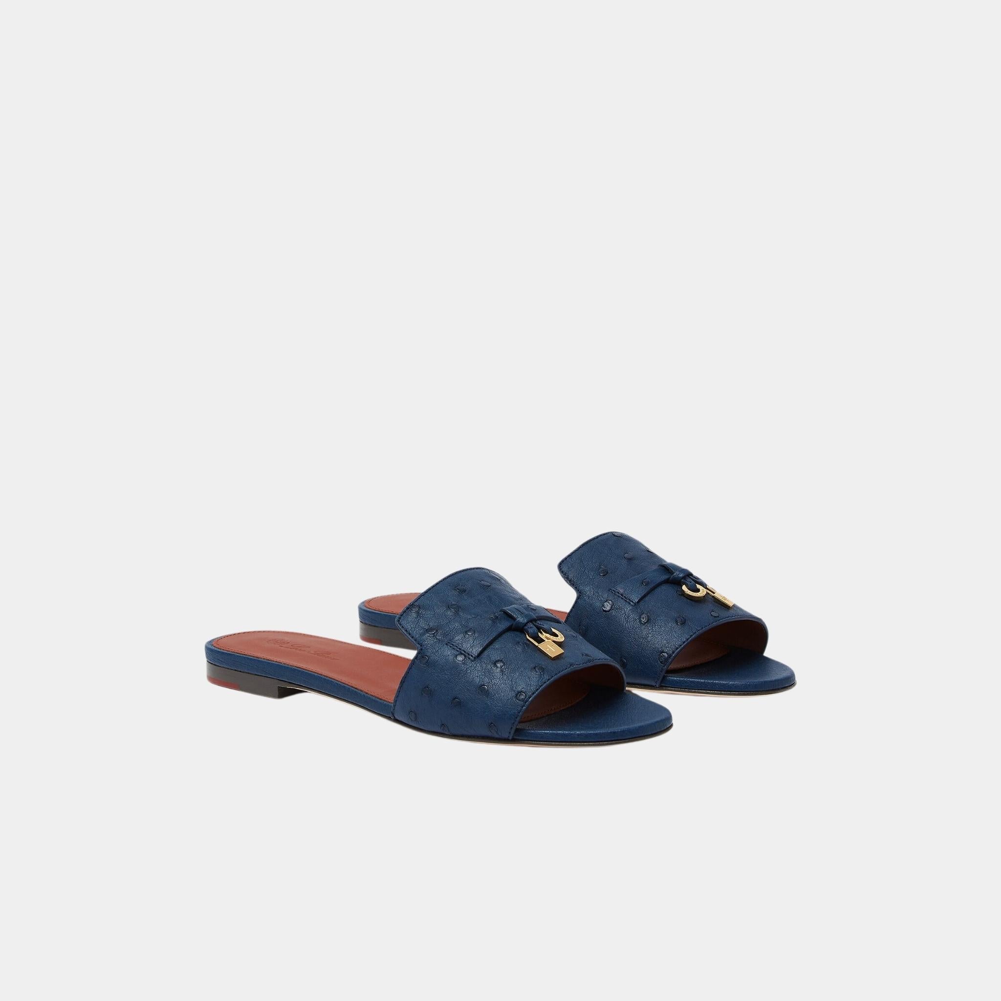 Loro Piana Summer Charms Ostrich Leather Flat Sandal, Ocean Heart, Front