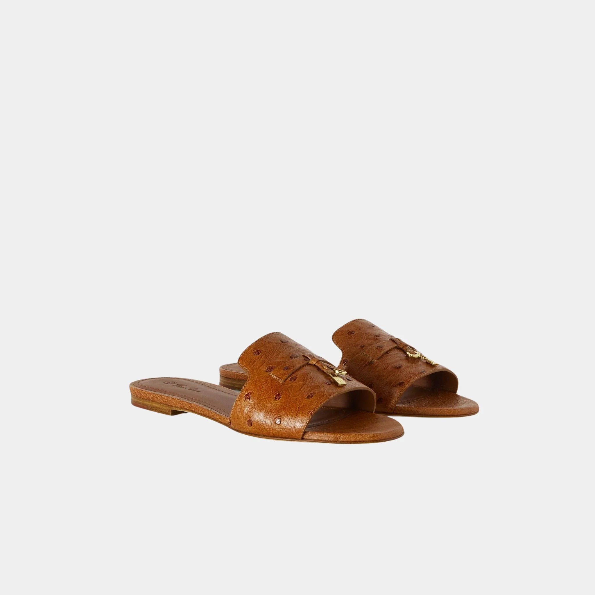 Loro Piana Summer Charms Ostrich Leather Flat Sandal, Sand Haze, Front