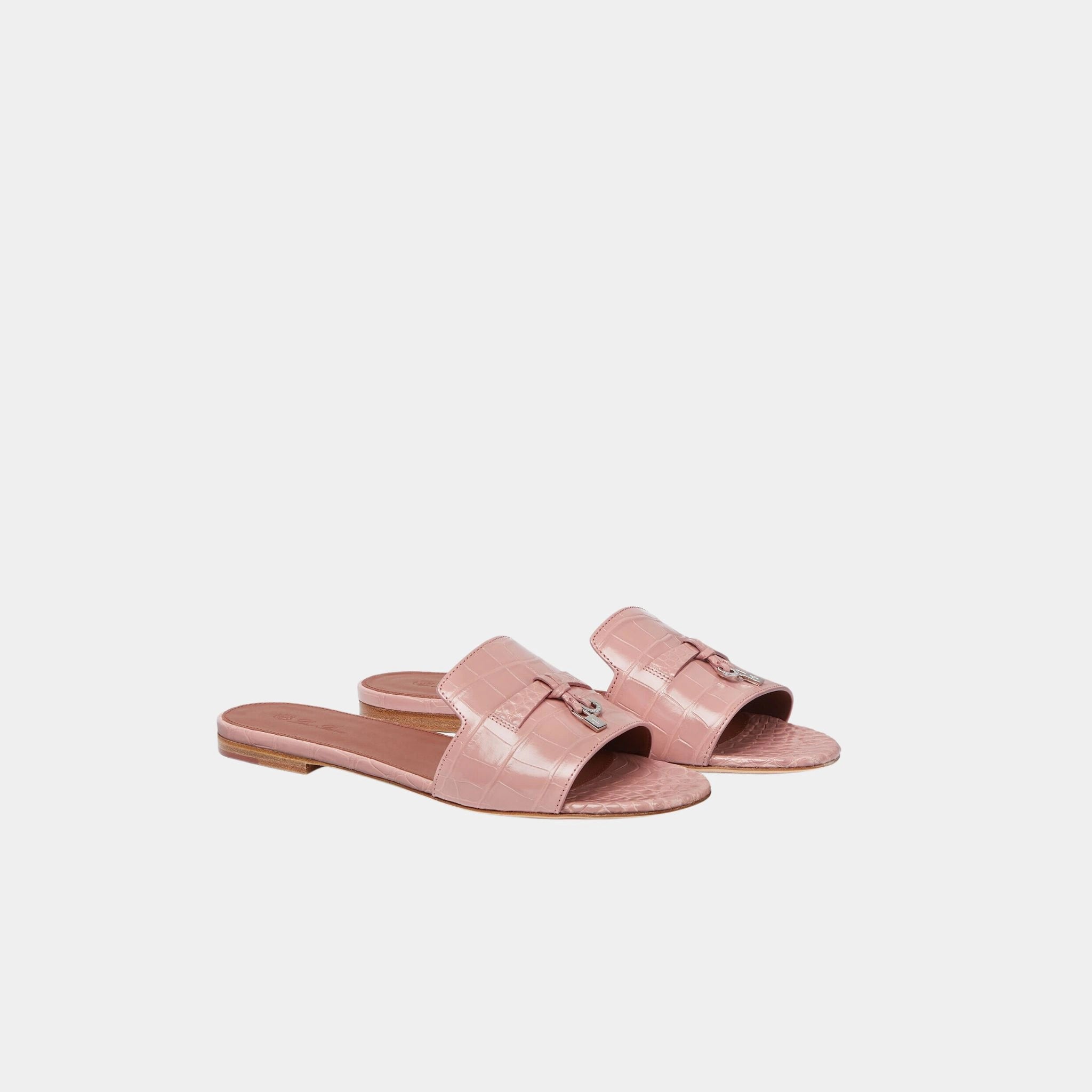 Loro Piana Summer Charms Sandal in Alligator Leather, Noisette Rose, Front