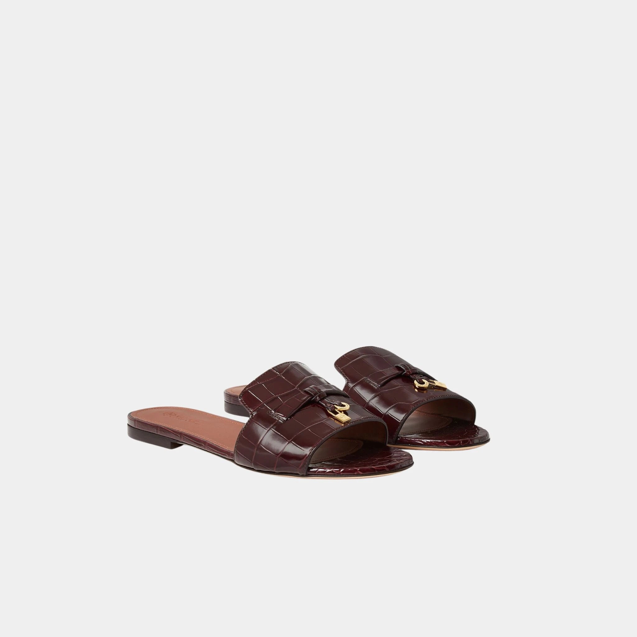 Loro Piana Summer Charms Sandal in Crocodile Leather, Oxblood, Front
