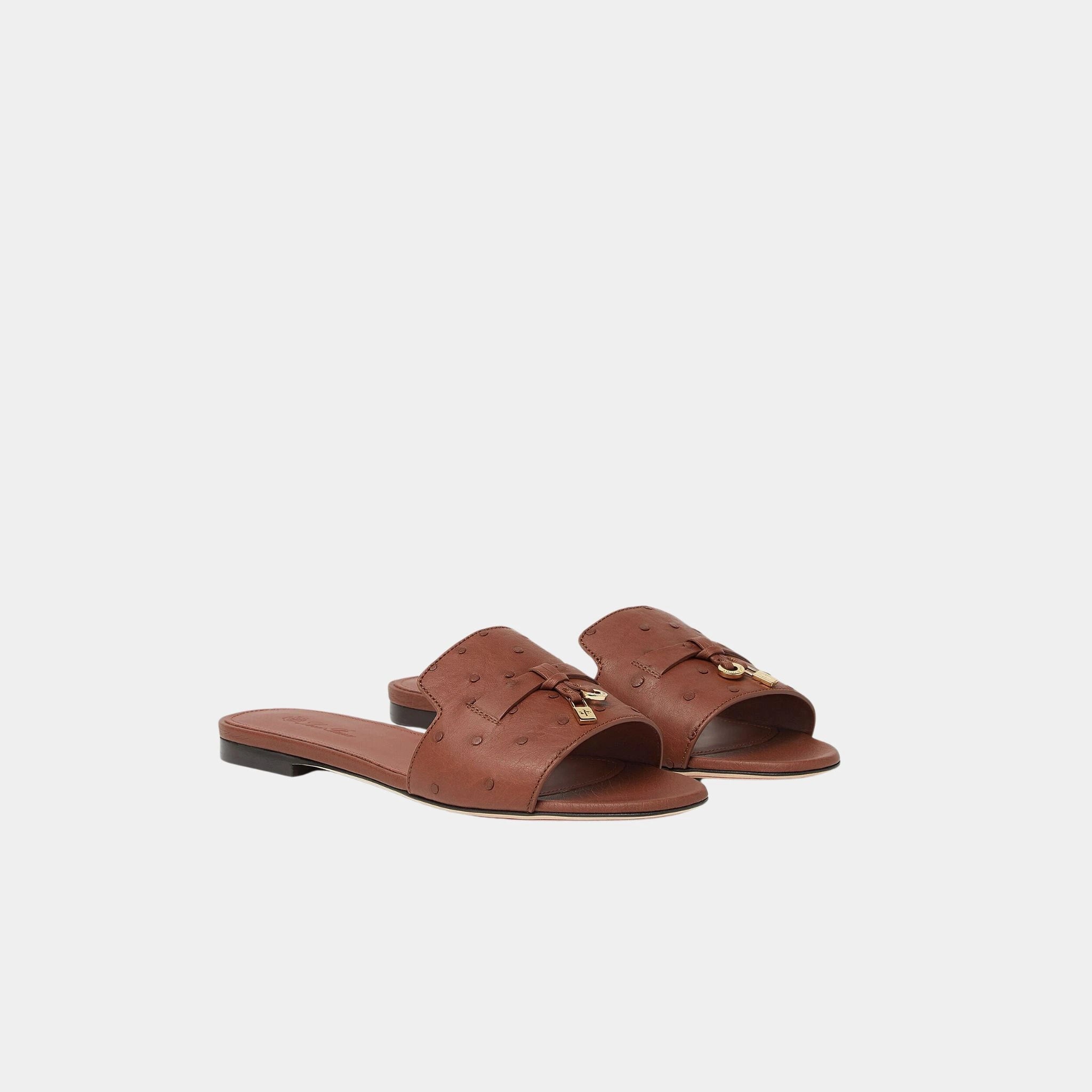 Loro Piana Summer Charms Sandal Flats Ostrich Leather, Burnt Tan, Front