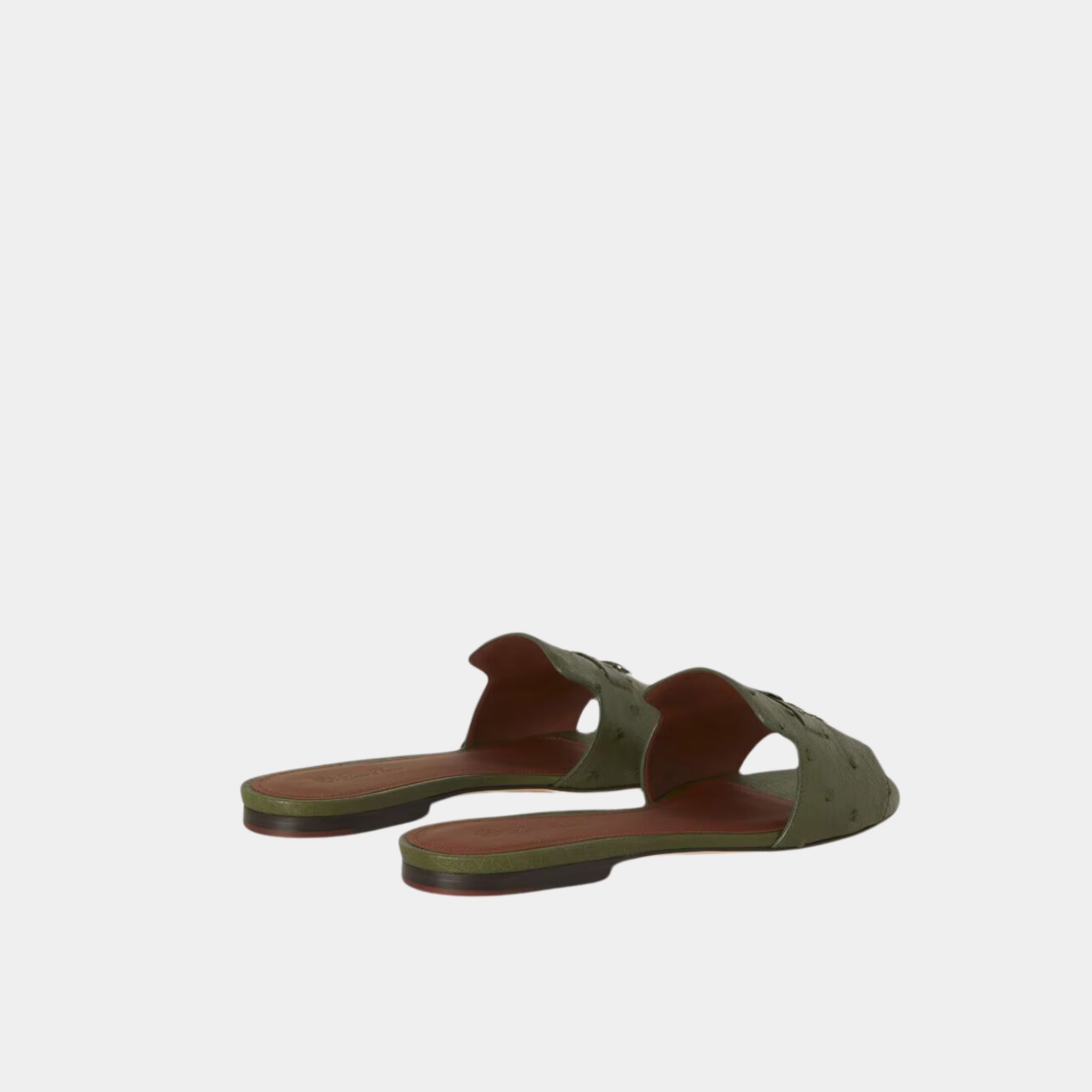 Loro Piana Summer Charms Sandal Flats Ostrich Leather, Dark Lichen Green, Back