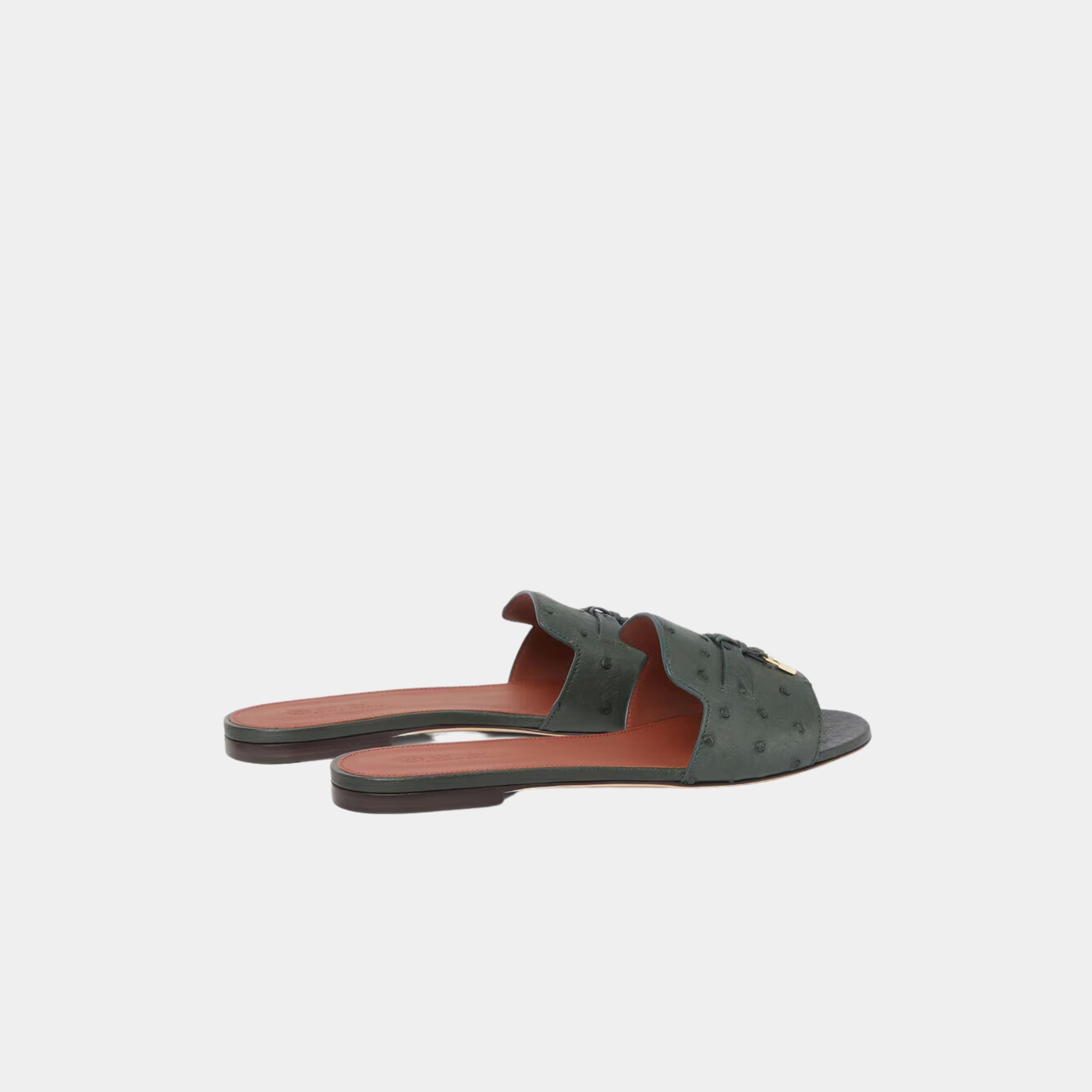Loro Piana Summer Charms Sandal Flats Ostrich Leather, Forest, Sun Gold, Back