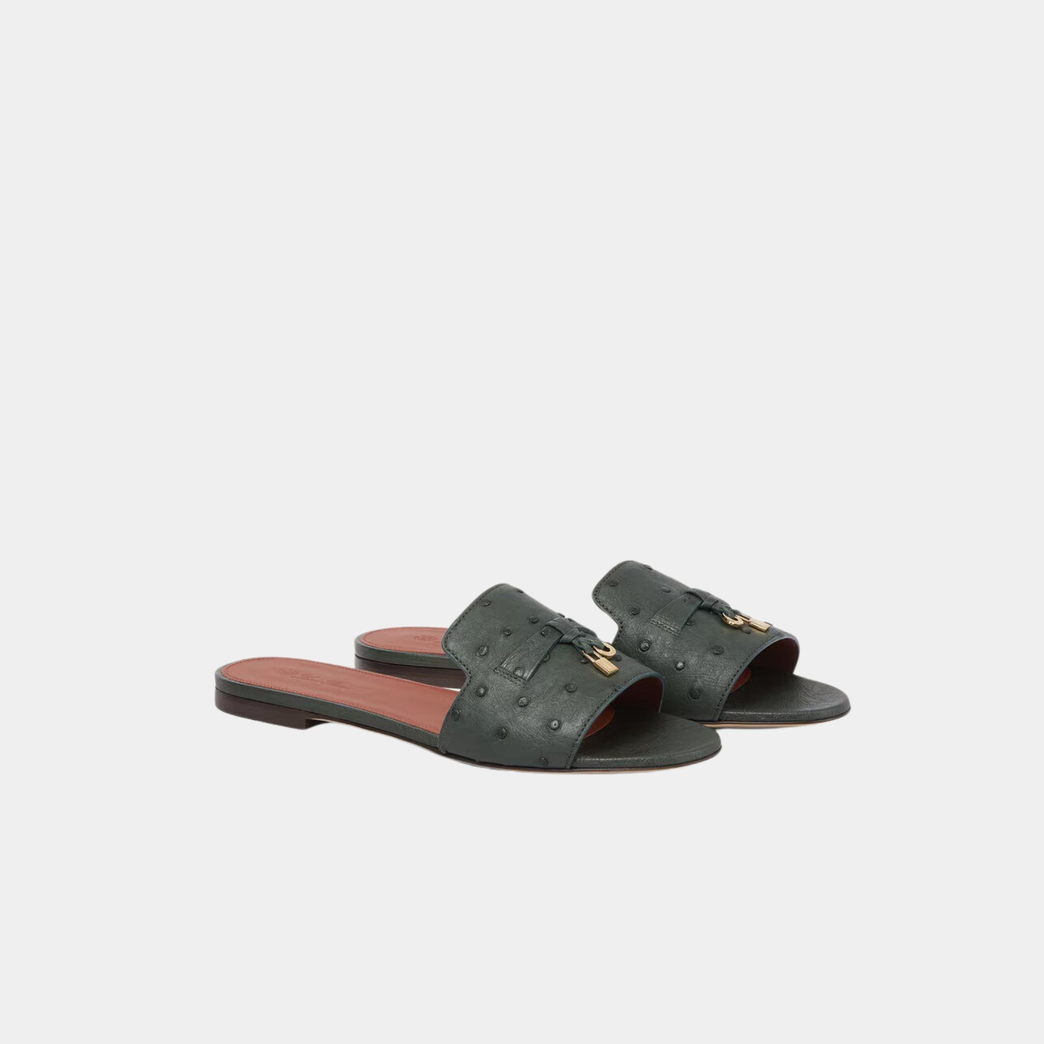 Loro Piana Summer Charms Sandal Flats Ostrich Leather, Forest, Sun Gold, Front