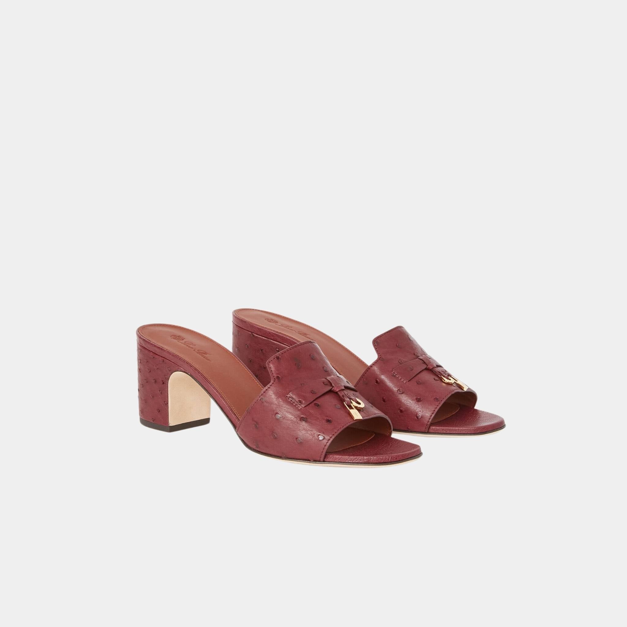 Loro Piana Summer Charms Sandal Heeled Ostrich Leather, Burgundy, Sun Gold, Front